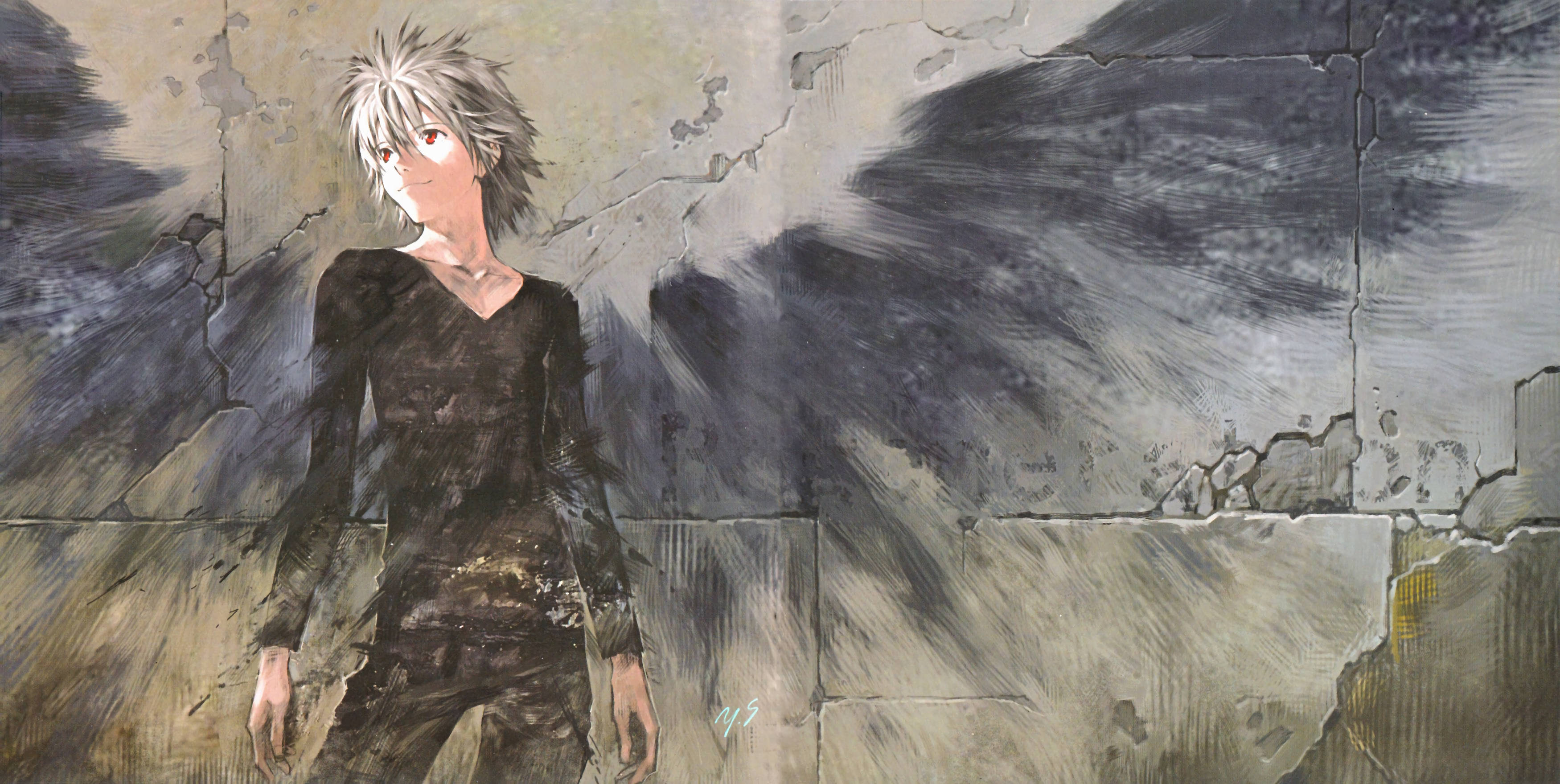 kaworu nagisa 桌布 壁紙 — 一個銀髮動漫角色站在一道裂開的混凝土牆前，周圍有戲劇性的深色筆觸在旋轉。
