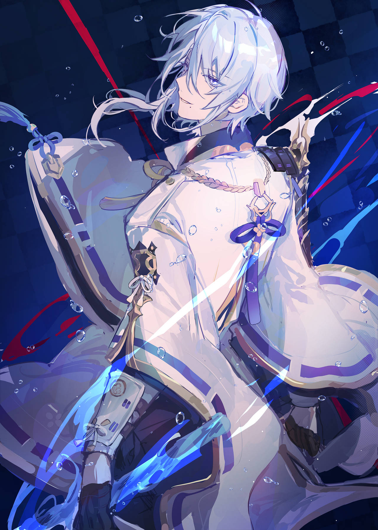 ayato 桌布 壁紙 — 一個銀髮動漫角色身穿白色和藍色服裝，站在黑暗格紋背景上發光的水效果中。