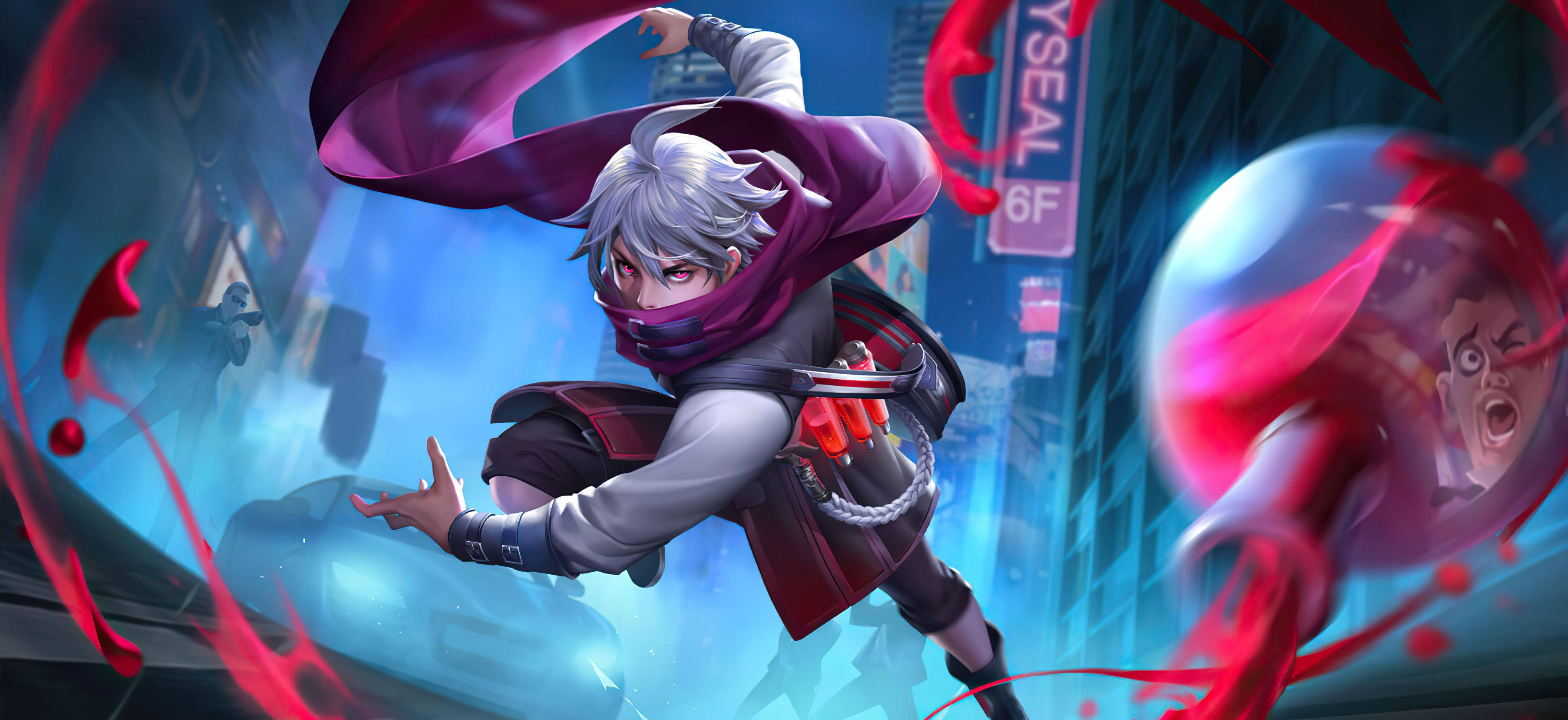 Anime Gaming 桌布 壁紙 — 一個銀髮動漫角色身穿紫色斗篷，在霓虹燈閃爍的城市景觀中跳躍，揮舞紅色能量觸手攻擊震驚的對手。