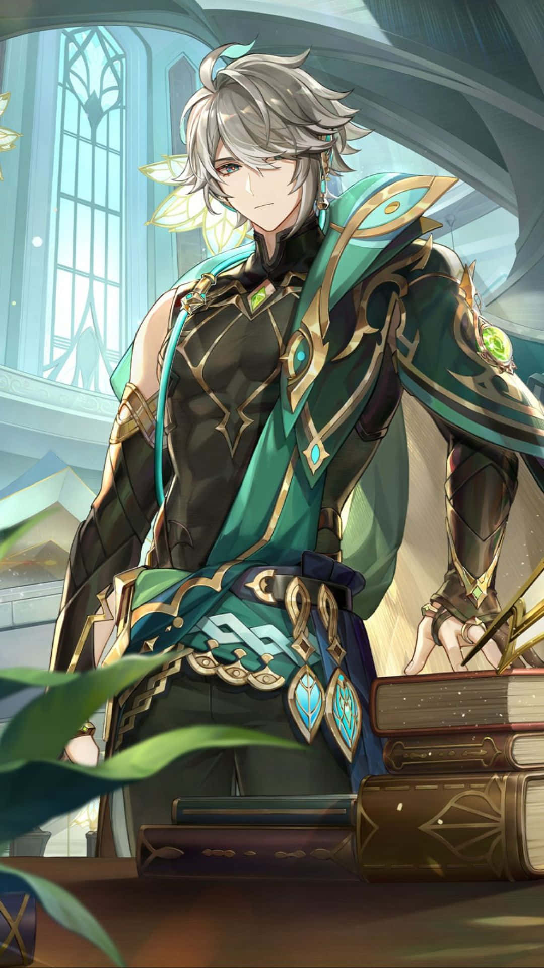 Genshin Impact Characters 桌布 壁紙 — 一個銀髮動漫角色身穿華麗的綠色和金色盔甲，站在明亮的大教堂式環境中，旁邊是堆疊的書籍。