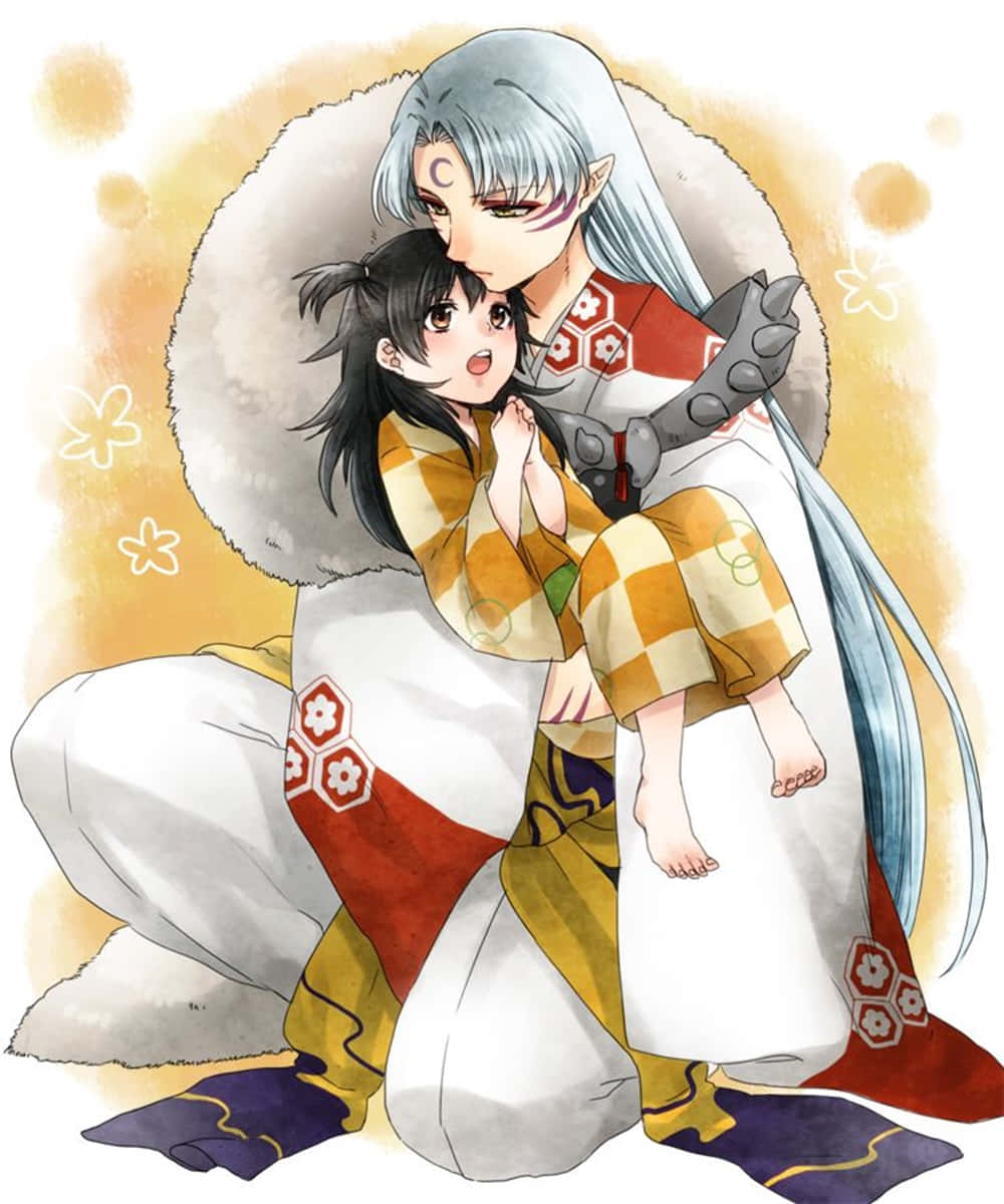 Inuyasha Rin 桌布 壁紙 — 一個銀髮動畫惡魔溫柔地擁抱一個穿著傳統日本服飾的驚訝女孩，背景是溫暖的金色。