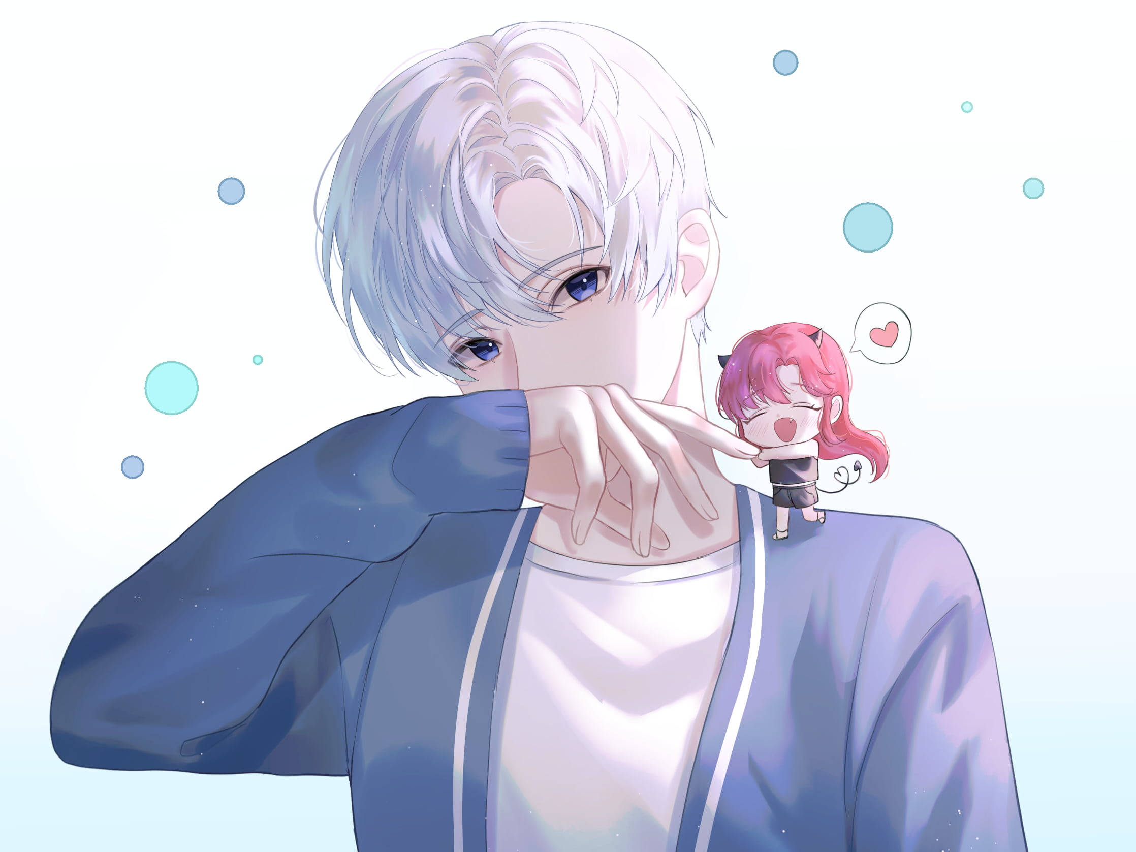 動漫男孩 桌布 壁紙 — 一個銀髮動畫男孩輕輕抱著一個有貓耳的小粉紅髮女孩，她微笑著，旁邊有一個心形泡泡。