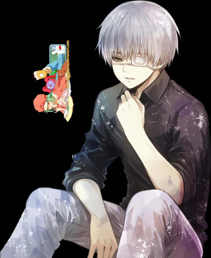 東京喰種風格 桌布 壁紙 — 一個銀髮戴眼鏡的動漫男孩，在點綴著星星的黑色背景前沉思地坐著。