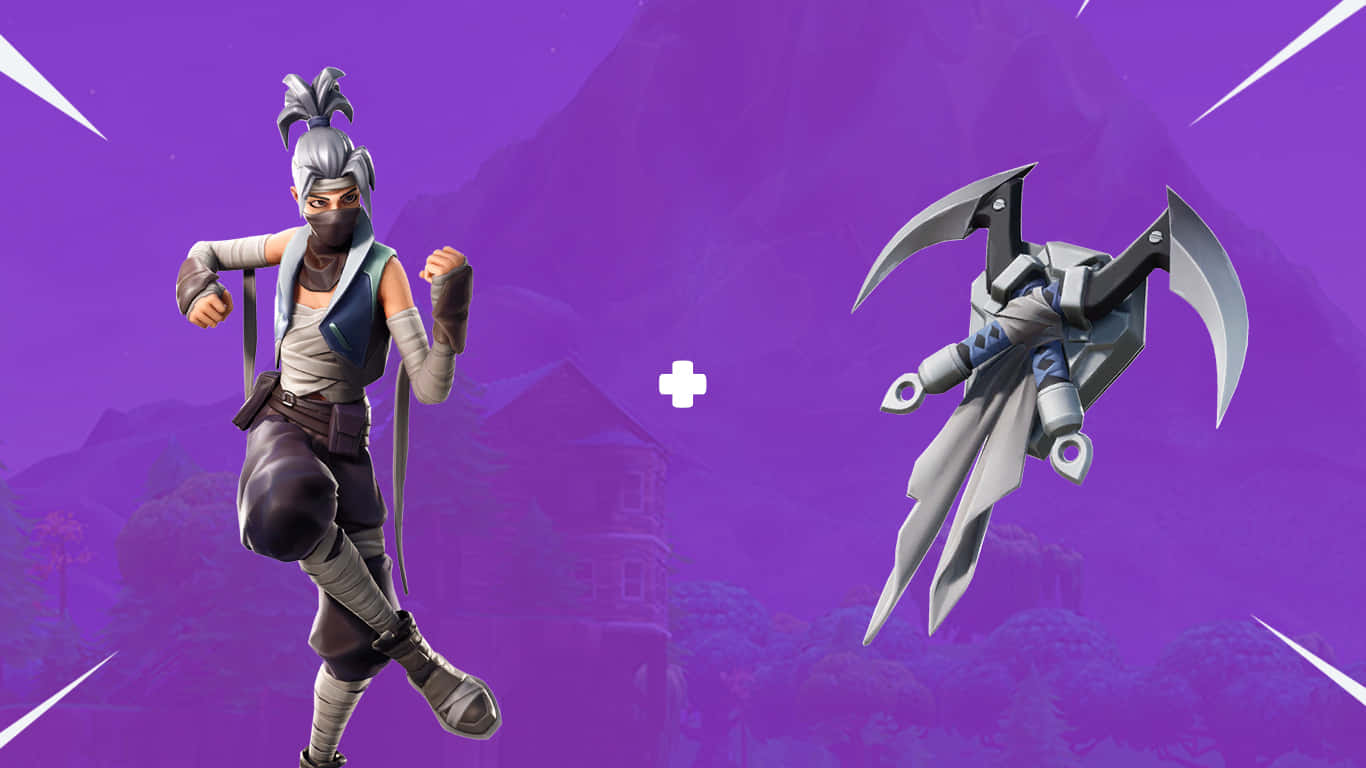 Fortnite 桌布 壁紙 — 一個銀髮戴面具的Fortnite忍者角色站在滑翔武器旁邊，背景是紫色山脈。