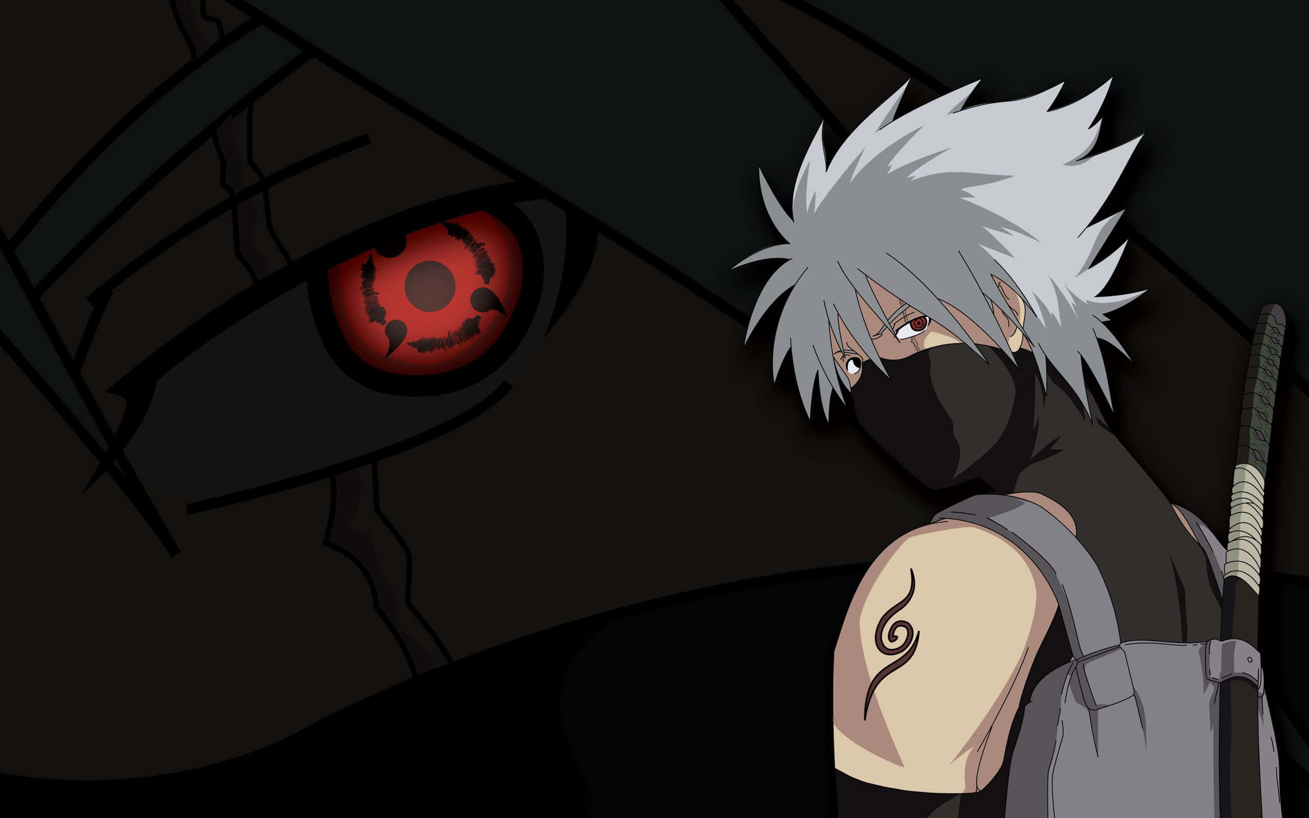 kakashi pfp 桌布 壁紙 — 一個銀髮戴面具的忍者，身上有螺旋紋身，在陰影中一個巨大的紅色寫輪眼旁邊回頭凝視。