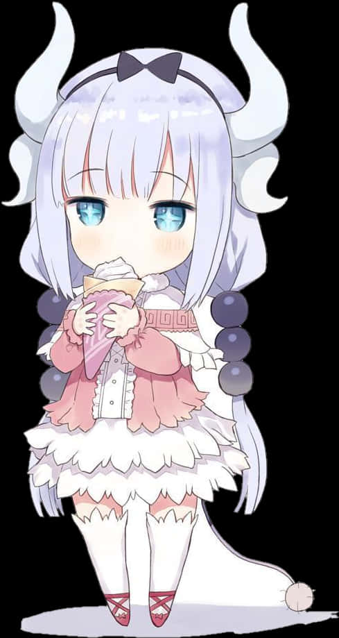 Kanna 桌布 壁紙 — 一個銀髮有角的Q版動漫女孩在黑色背景前吃冰淇淋。