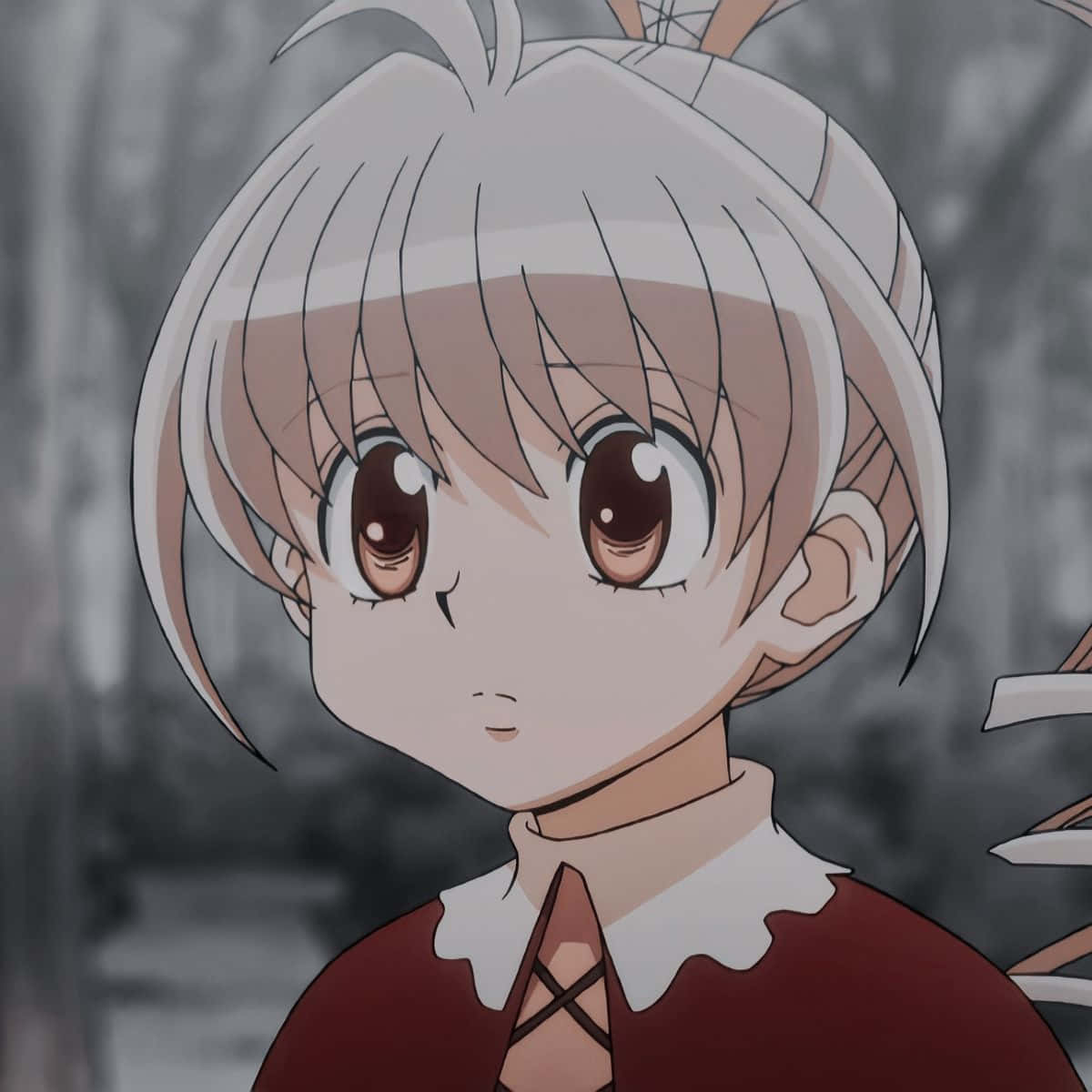 Biscuit Krueger 桌布 壁紙 — 一個銀髮棕眼的動漫女孩特寫，穿著紅色連衣裙配白色領子。