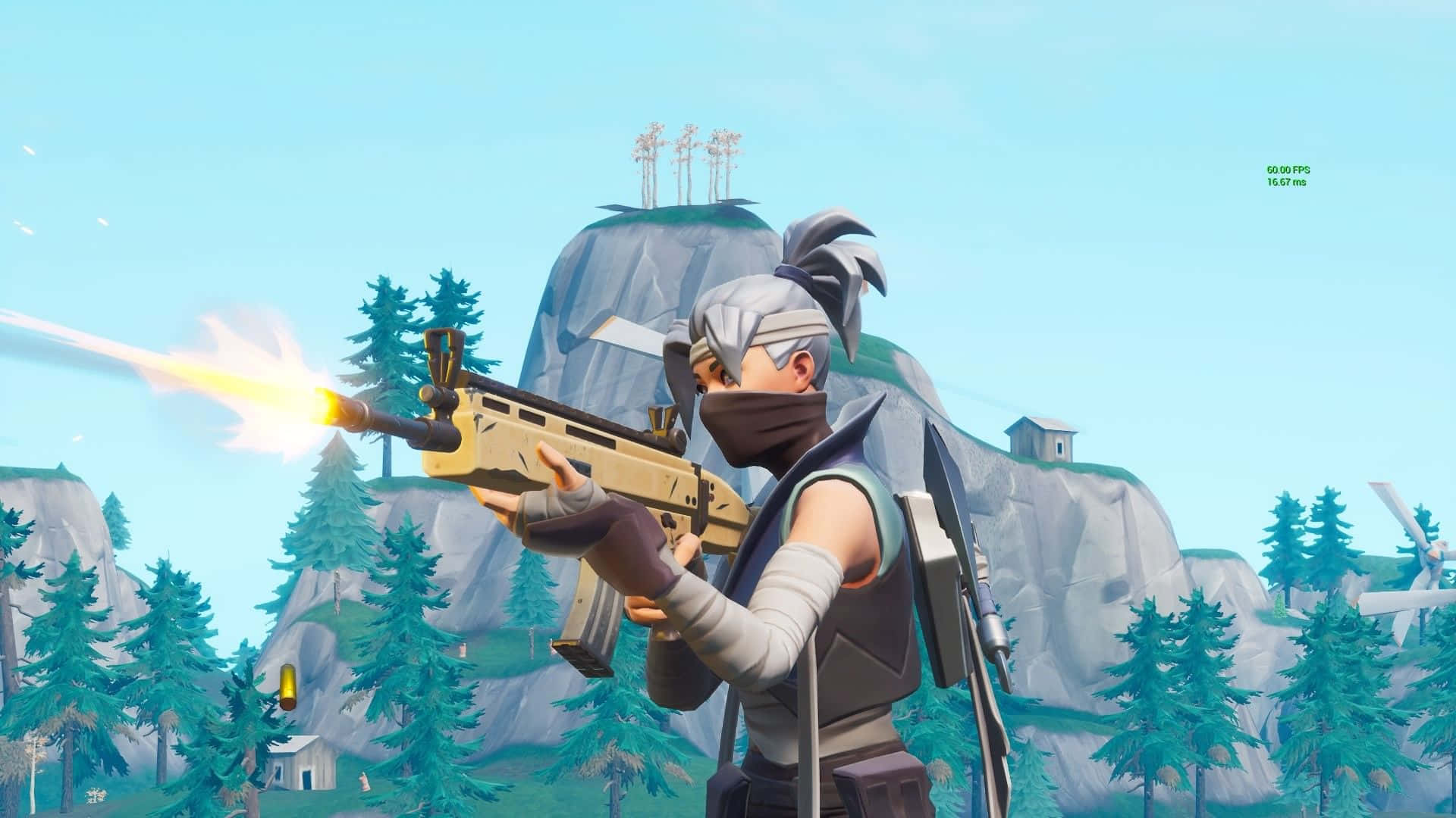 Characters 桌布 壁紙 — 一個銀髮的Fortnite角色在一個有松樹和遠處建築物的山區森林中發射金色步槍。