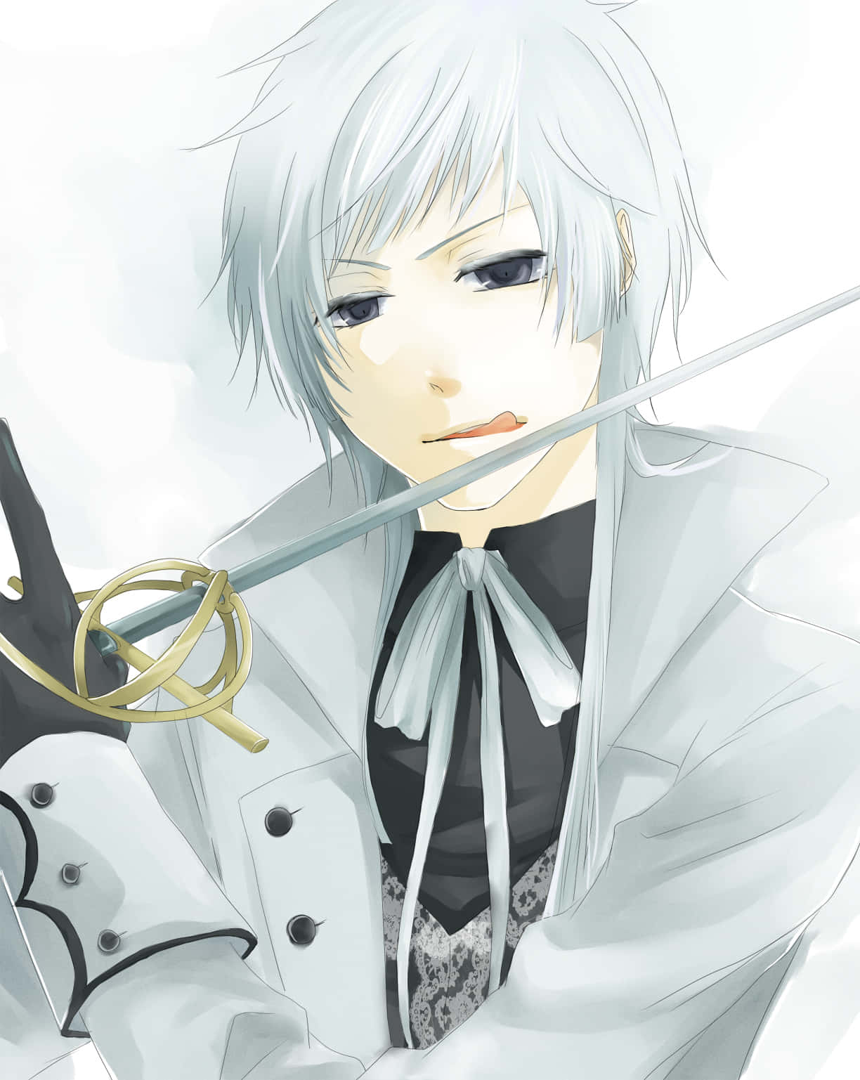 Charles Grey 桌布 壁紙 — 一個銀髮的動漫角色穿著白色外套，在柔和的光線背景下握著一把金色劍柄的劍。