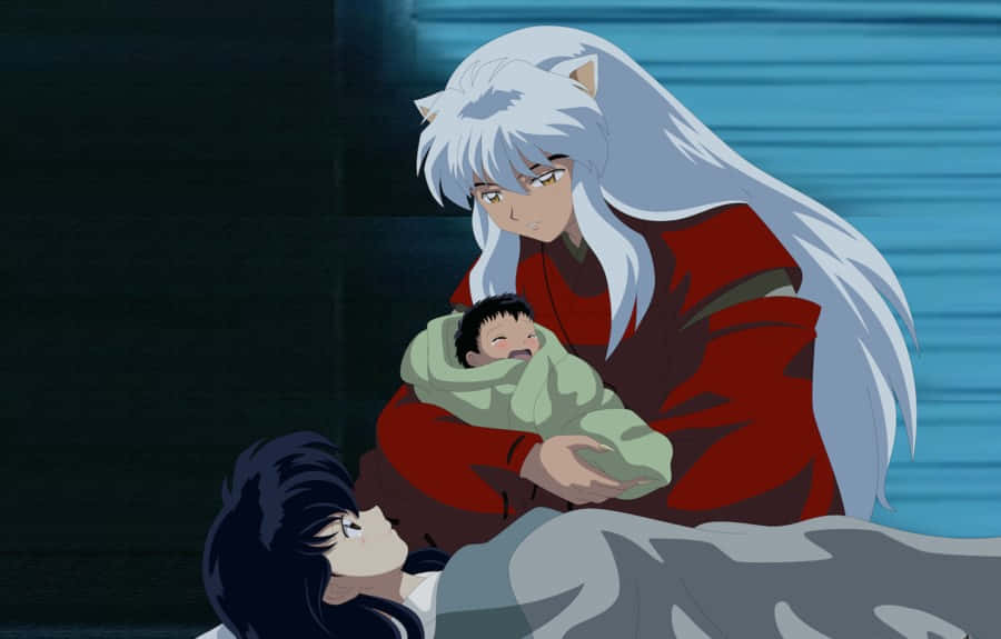 Inuyasha And Miroku 桌布 壁紙 — 一個銀髮的動漫角色穿著紅色衣服，抱著一個包裹著的嬰兒，而一個深色頭髮的女人在昏暗的房間裡抬頭看著他們。