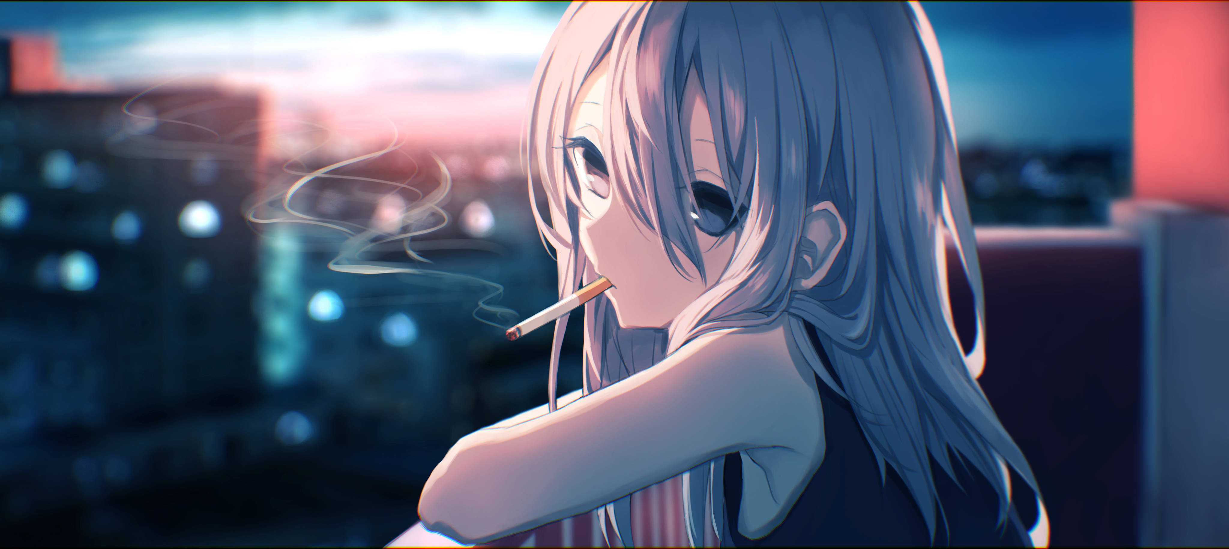 抽菸 桌布 壁紙 — 一個銀髮的憂鬱動漫女孩在黃昏時分對著模糊的城市天際線抽煙。