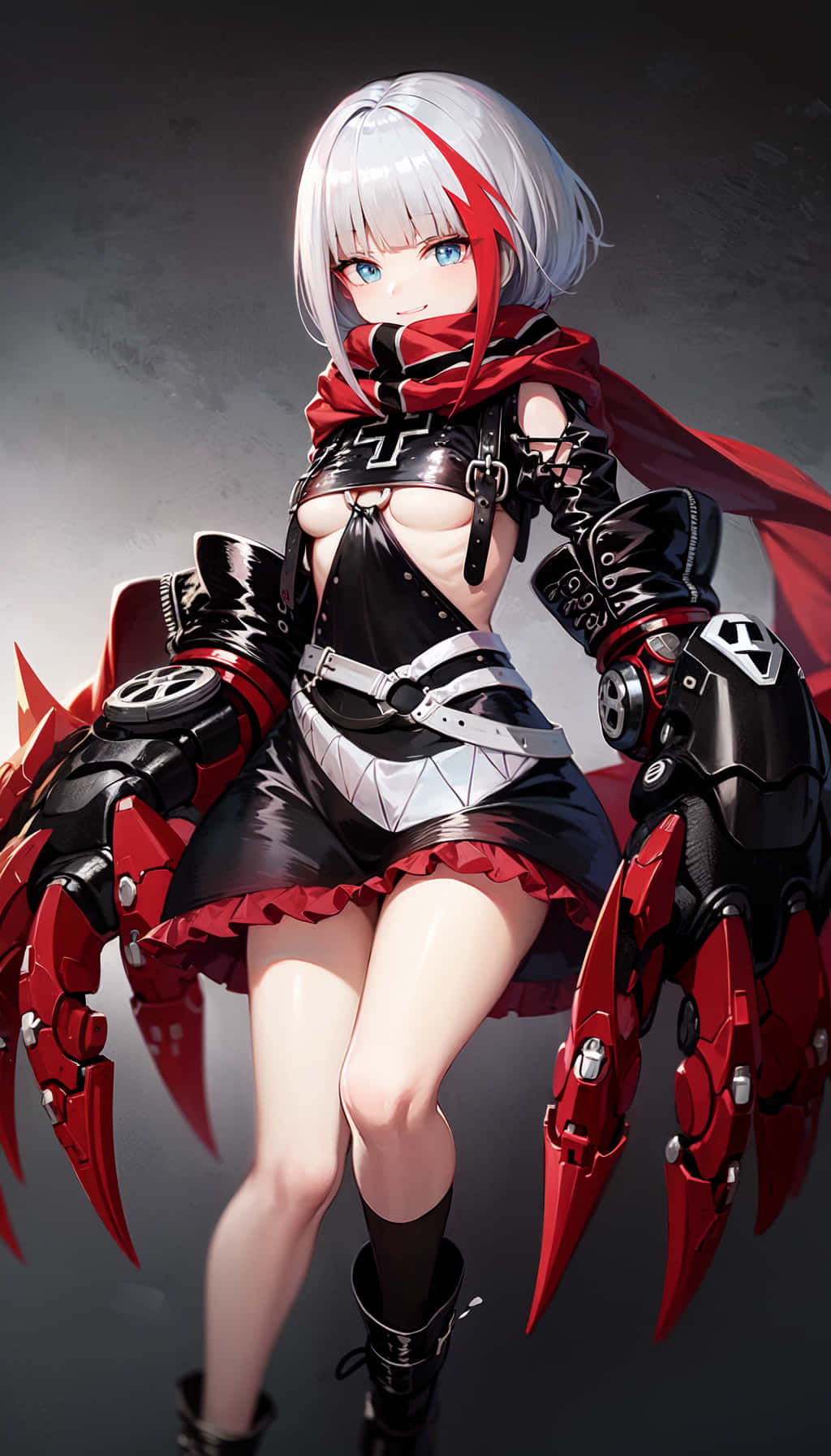 Anime Character 桌布 壁紙 — 一個銀髮紅機械爪的賽博龐克動漫女孩，穿著黑紅盔甲，在深灰色背景前自信擺姿勢。