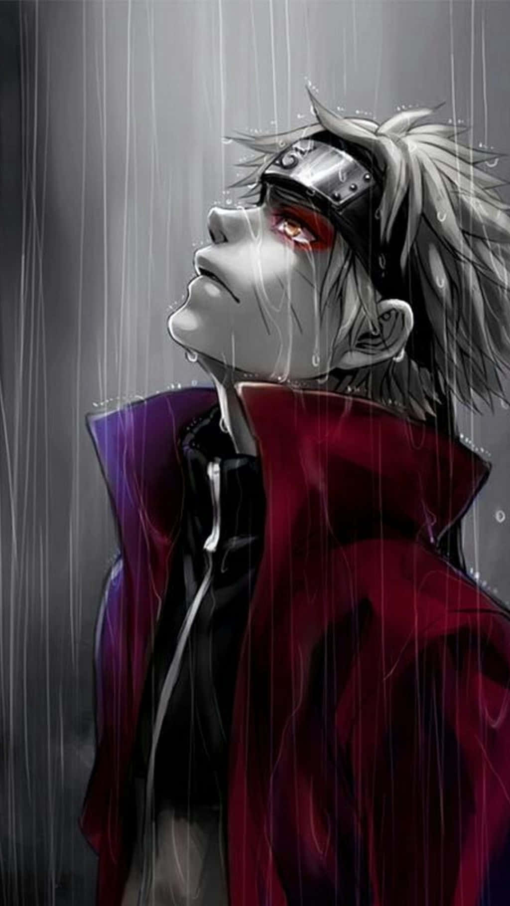 Naruto Aesthetic Phone 桌布 壁紙 — 一個銀髮紅眼、戴著額頭護具的動漫角色，身披深紅色斗篷，站在大雨中，水珠從他的頭髮和衣服上滴落。