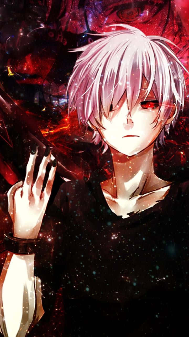 Kaneki Phone 桌布 壁紙 — 一個銀髮紅眼、穿著黑色服裝的動漫男孩站在帶有發光粒子的宇宙紅黑背景前。