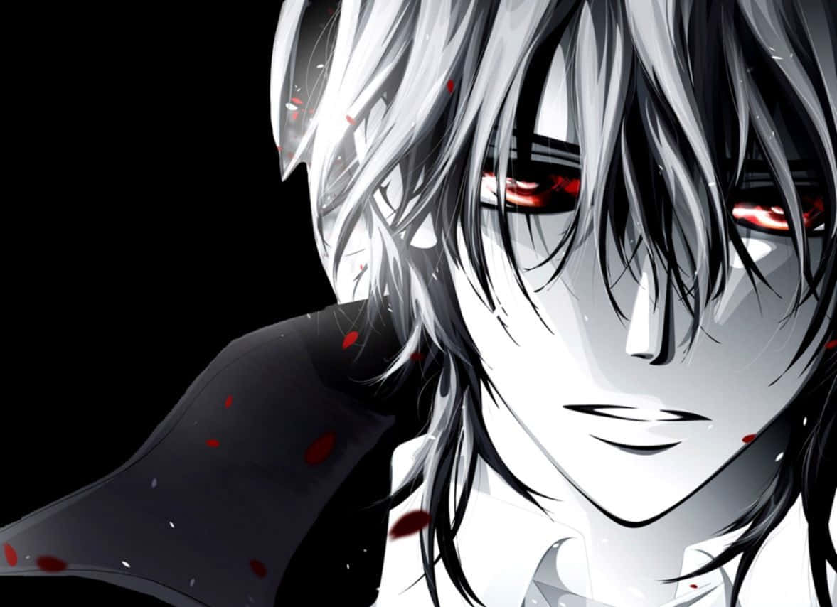Emo Anime Boy 桌布 壁紙 — 一個銀髮紅眼、閃爍紅光的動漫角色特寫，在黑色背景上帶有血漬，露出冷笑。