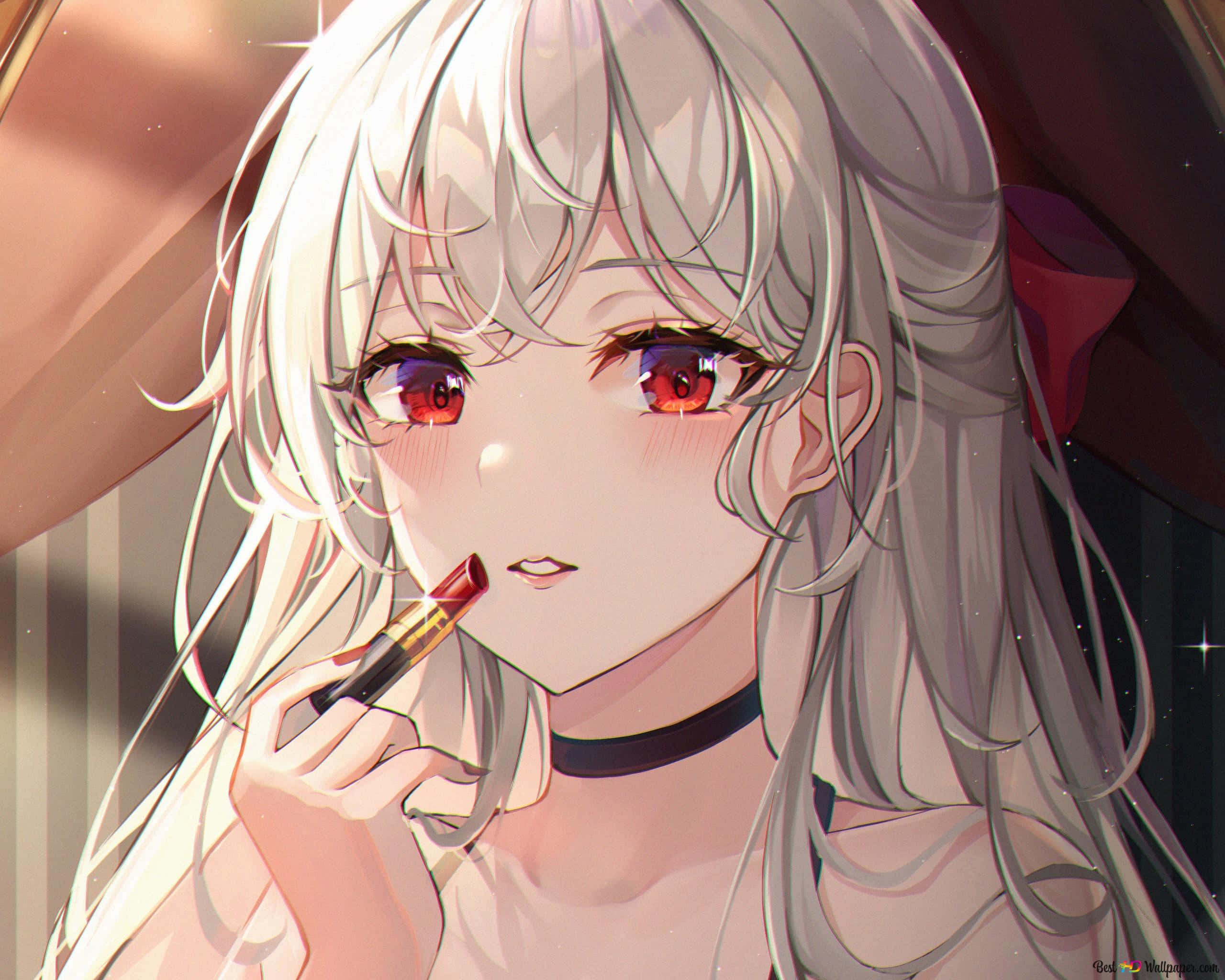 Anime White 桌布 壁紙 — 一個銀髮紅眼動漫少女的特寫，在溫暖的金色燈光下塗口紅。