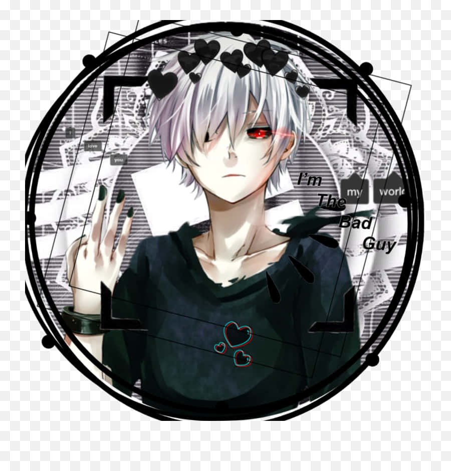 東京喰種風格 桌布 壁紙 — 一個銀髮紅眼的動漫男孩穿著黑色連帽衫，周圍有文字寫著「I'm The Bad Guy」。