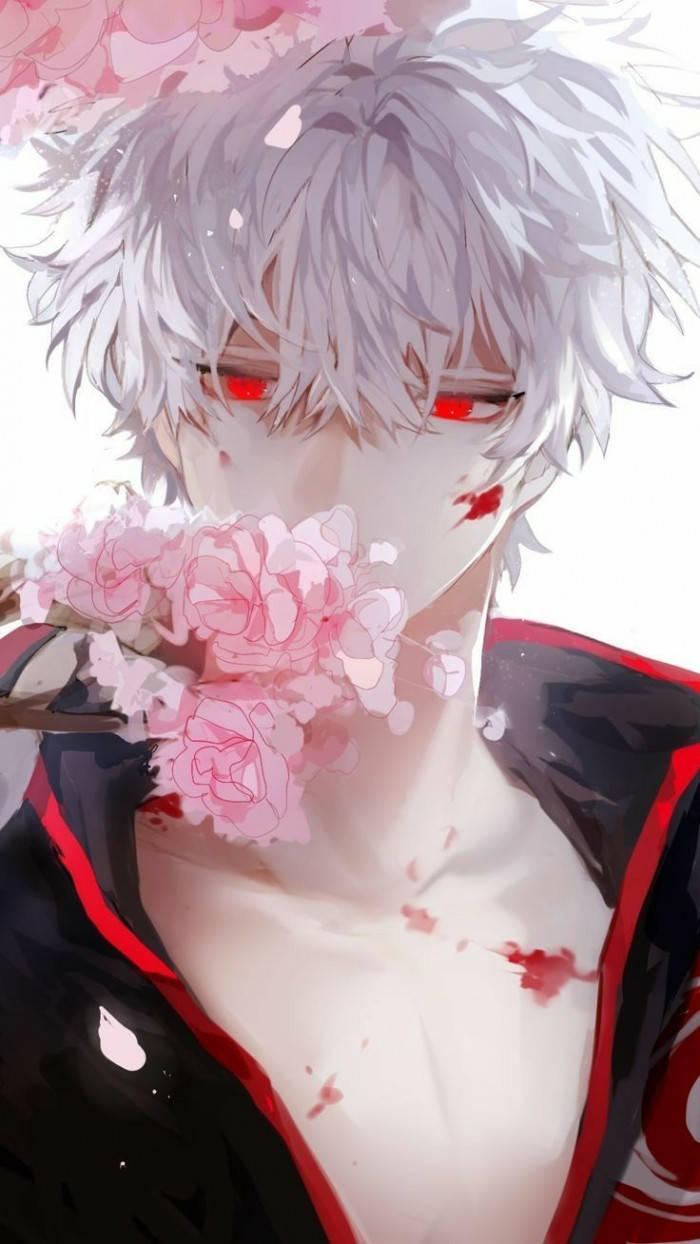 demon boy anime 桌布 壁紙 — 一個銀髮紅眼的動漫角色在明亮白色背景前手持粉紅色櫻花。