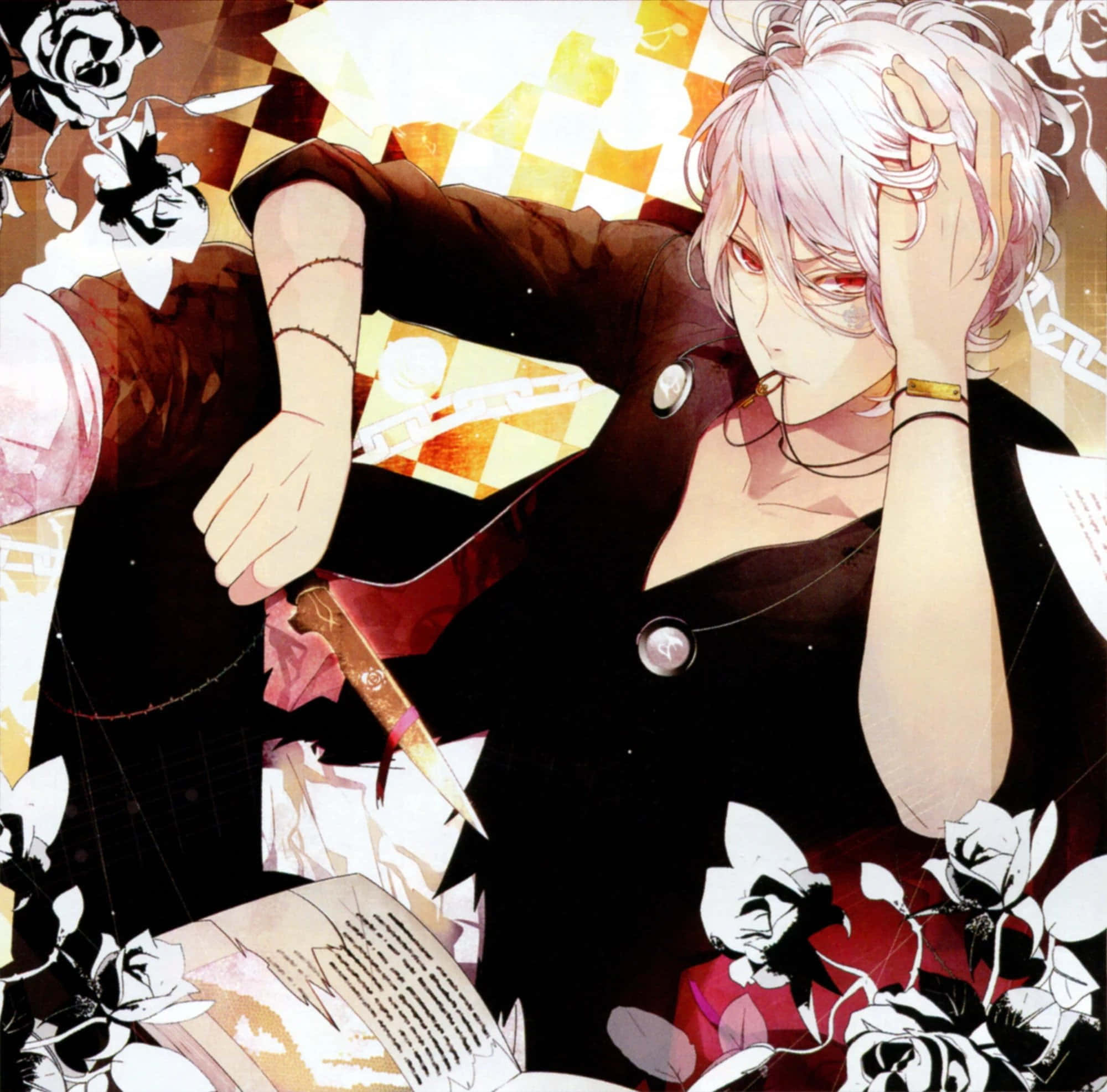 Diabolik Lovers 桌布 壁紙 — 一個銀髮紅眼的動漫角色在混亂的玫瑰和格紋圖案拼貼中握著一把匕首。