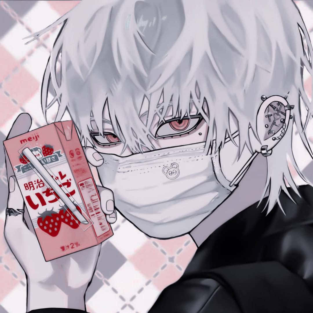 動漫男孩 桌布 壁紙 — 一個銀髮紅眼的動漫角色在粉紅和白色格子背景前拿著一盒草莓牛奶。
