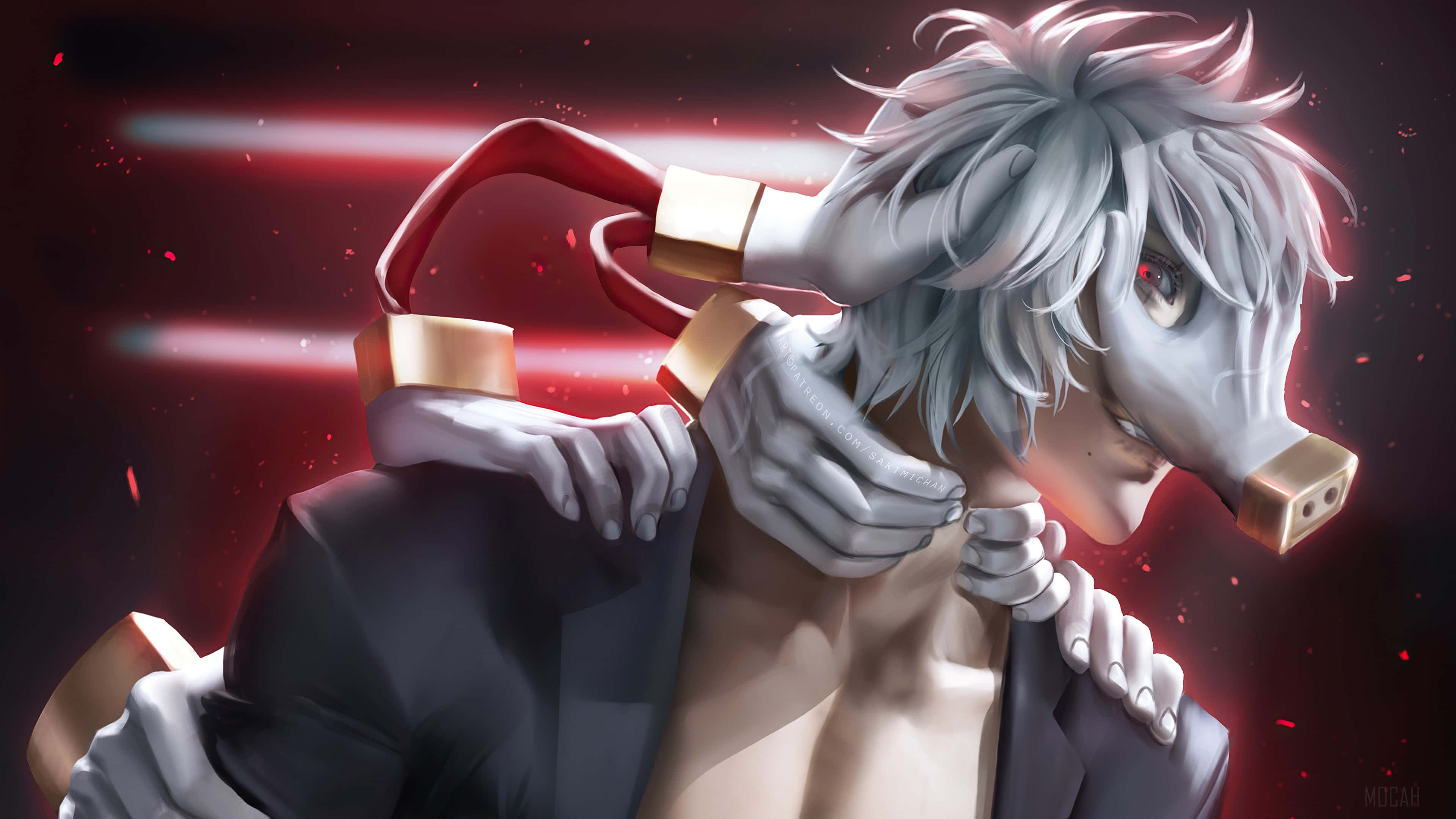 Tomura Shigaraki 桌布 壁紙 — 一個銀髮紅眼的動漫角色被發光的紅色電纜束縛在深紅色背景上。