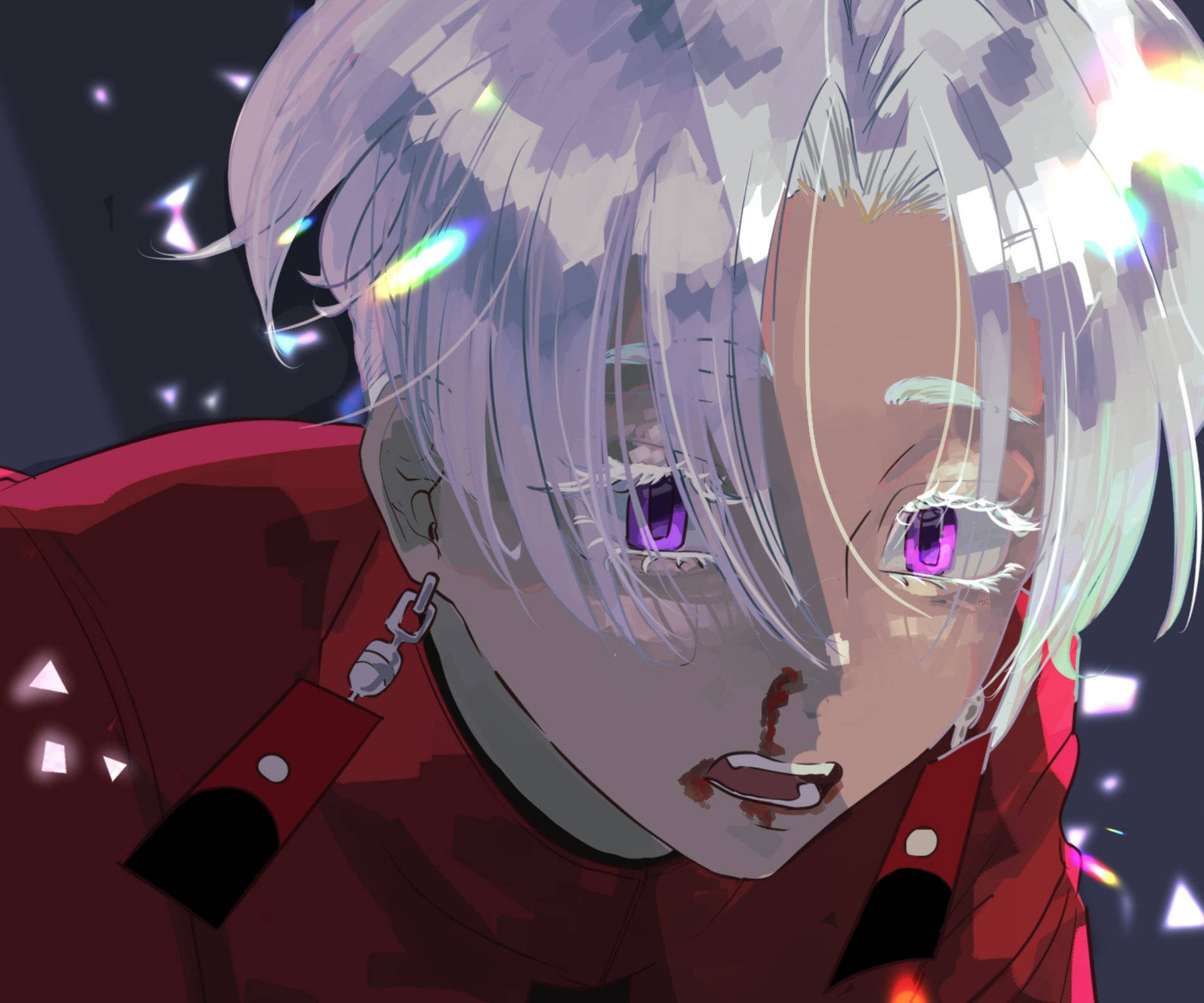 izana kurokawa 桌布 壁紙 — 一個銀髮紫眼動漫角色的特寫，穿著紅色外套，背景是黑暗星空和發光粒子。