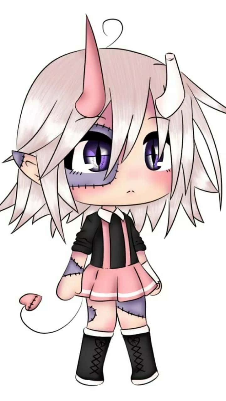 Gacha 桌布 壁紙 — 一個銀髮紫眼的Q版動漫女孩，穿著粉紅色裙子和黑色靴子，並有角和尾巴。