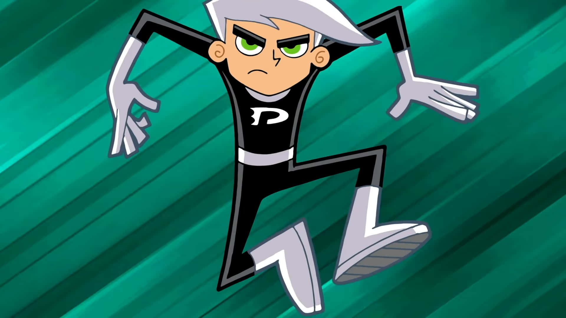Danny Phantom 桌布 壁紙 — 一個銀髮綠眼的動畫角色在青綠色條紋背景上動態奔跑。