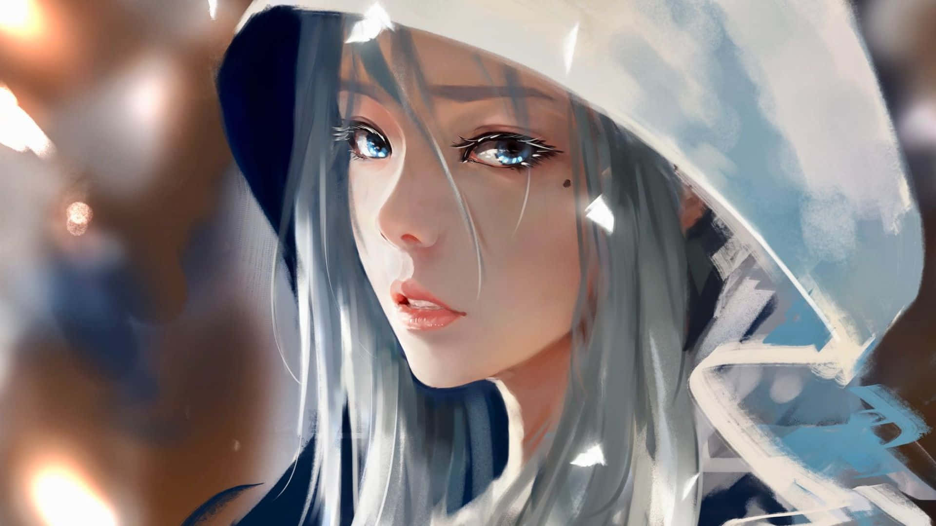 Aesthetic Anime Pfp 桌布 壁紙 — 一個銀髮藍眼動漫女孩的近距離特寫，在帽子下溫柔地凝視，背景有溫暖的散景燈光。