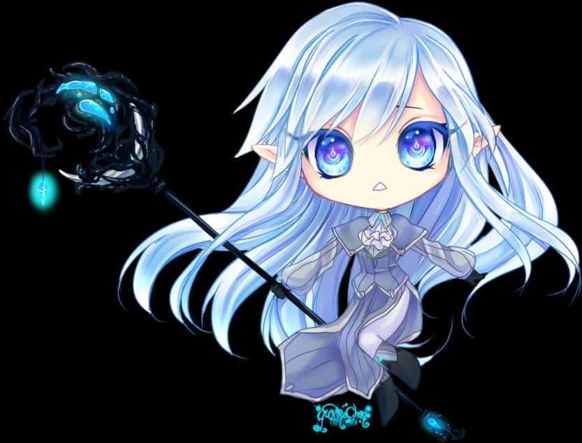 Anime Chibi 桌布 壁紙 — 一個銀髮藍眼的Q版動畫法師，在黑色背景前揮舞著散發神秘藍色能量的法杖。
