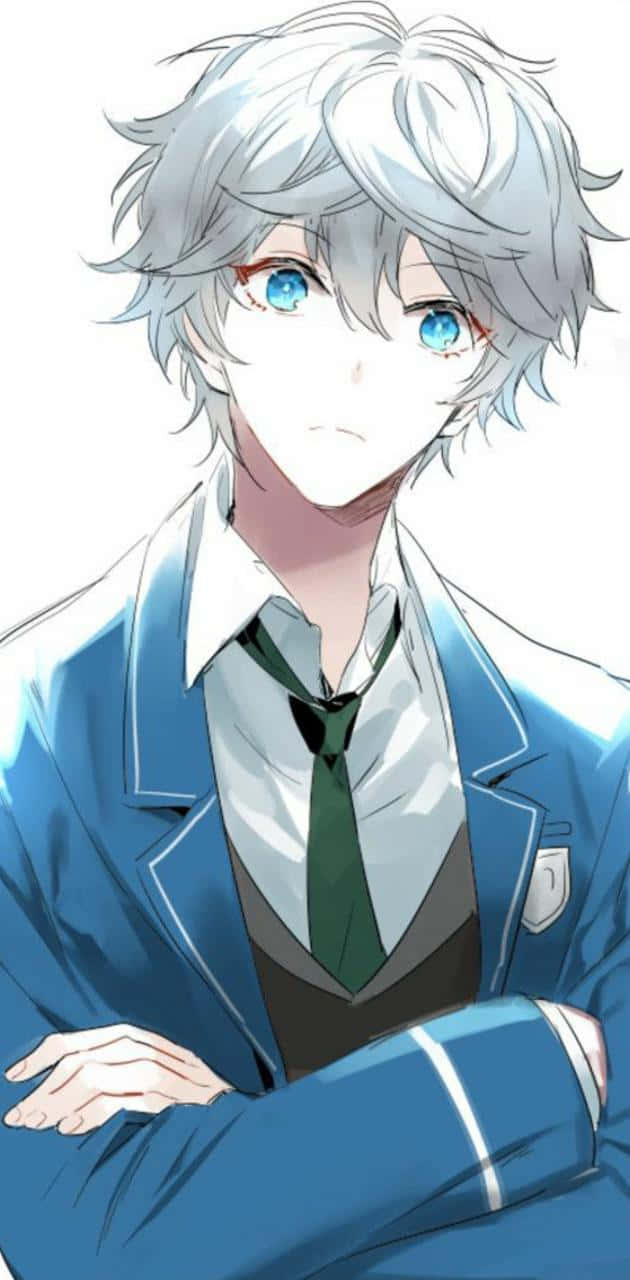 動漫男孩 桌布 壁紙 — 一個銀髮藍眼的動漫男孩穿著藍色校服和綠色領帶，雙手交叉在白色背景前。