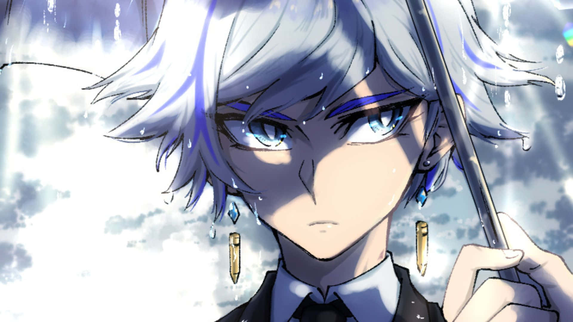 Ryoken Kogami 桌布 壁紙 — 一個銀髮藍眼的動畫男孩在陰雲密布的天空下撐著傘，雨滴落下。