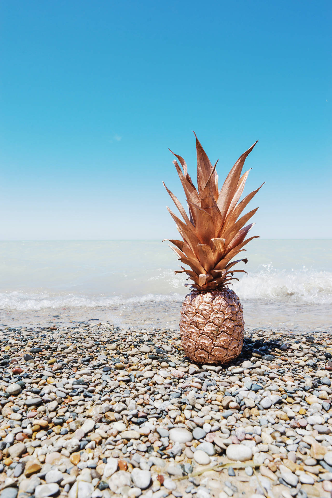 Pineapple 桌布 壁紙 — 一個銅色鳳梨獨自站立在陽光照耀的鵝卵石海灘上，伴隨著輕柔的海浪和清澈的藍天。