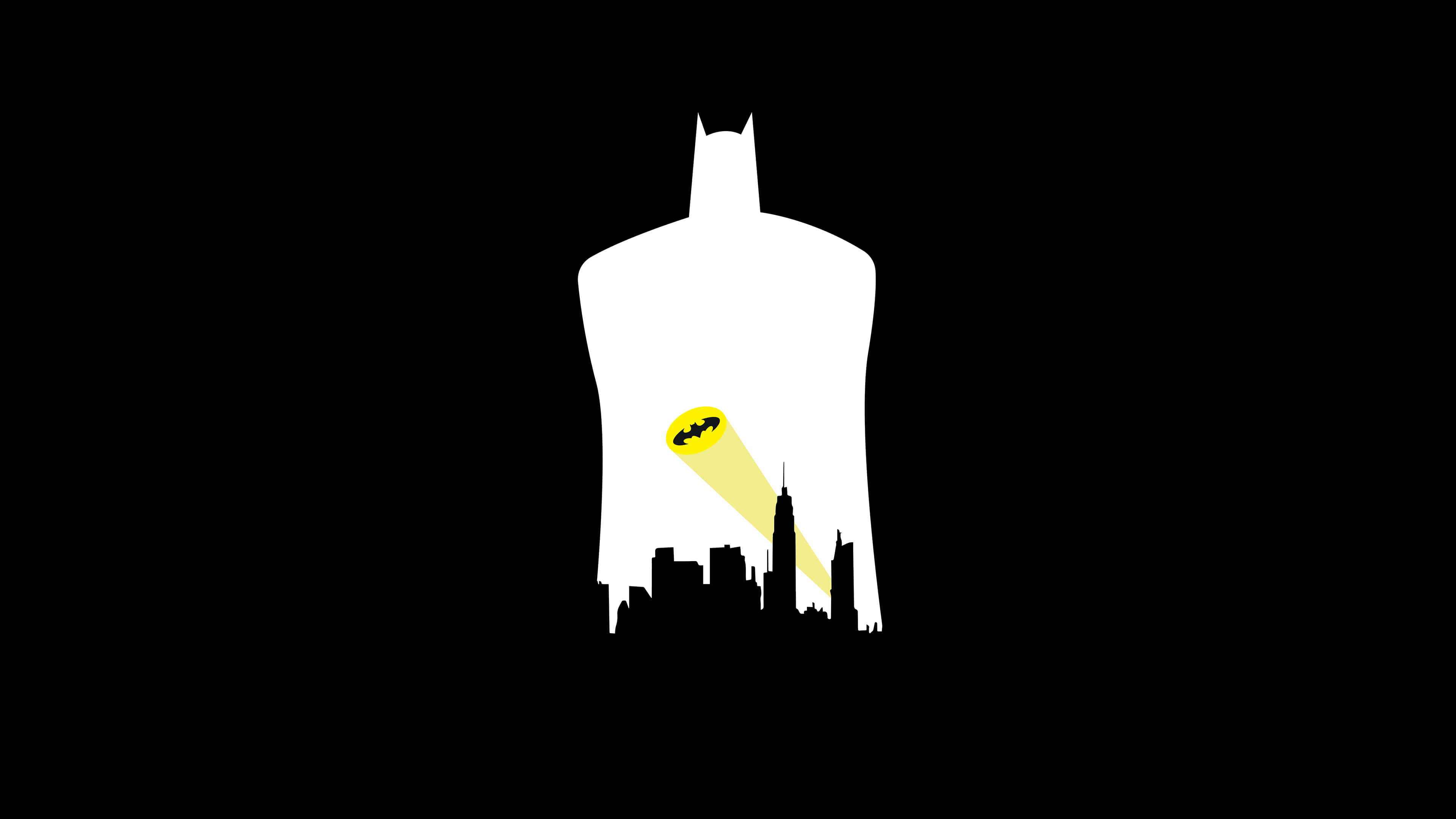 Bat Signal 桌布 壁紙 — 一個銳利的白色蝙蝠俠剪影聳立在黑色城市天際線上，一個黃色蝙蝠標誌聚光燈照射下來。