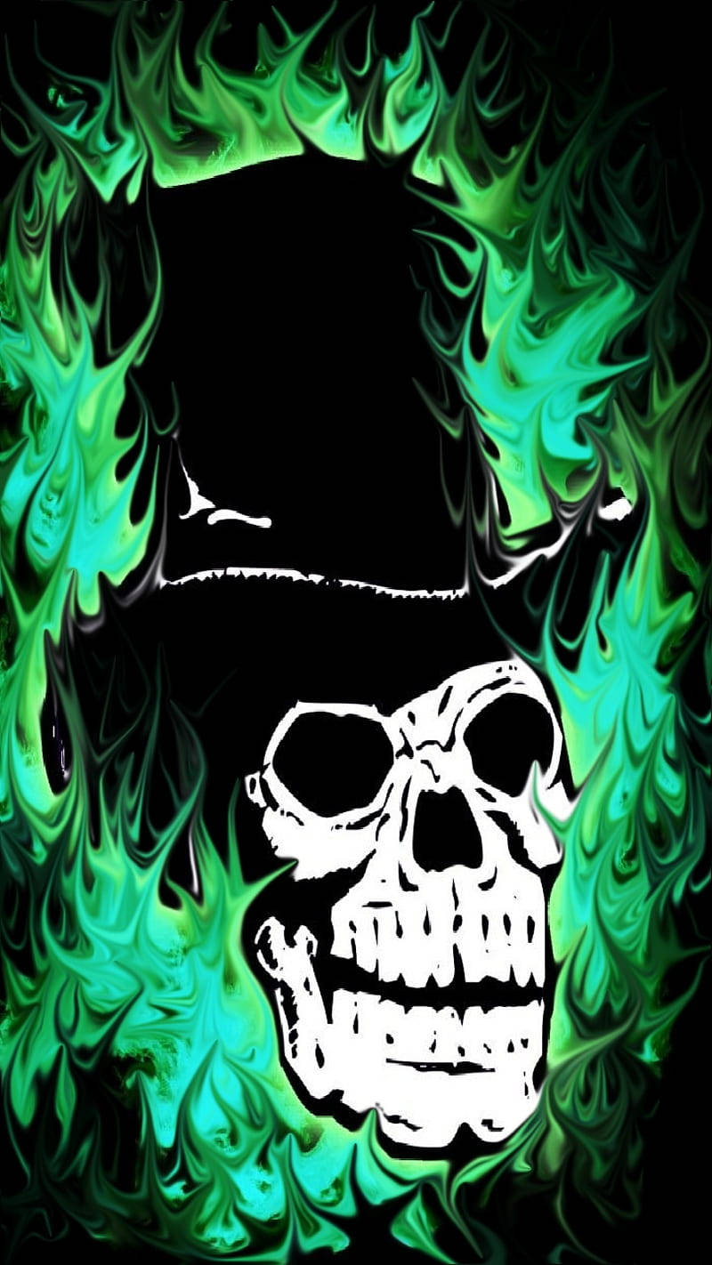 Green Fire Skull 桌布 壁紙 — 一個銳利的白色骷髏從黑色虛空中旋轉的霓虹綠色火焰中浮現。