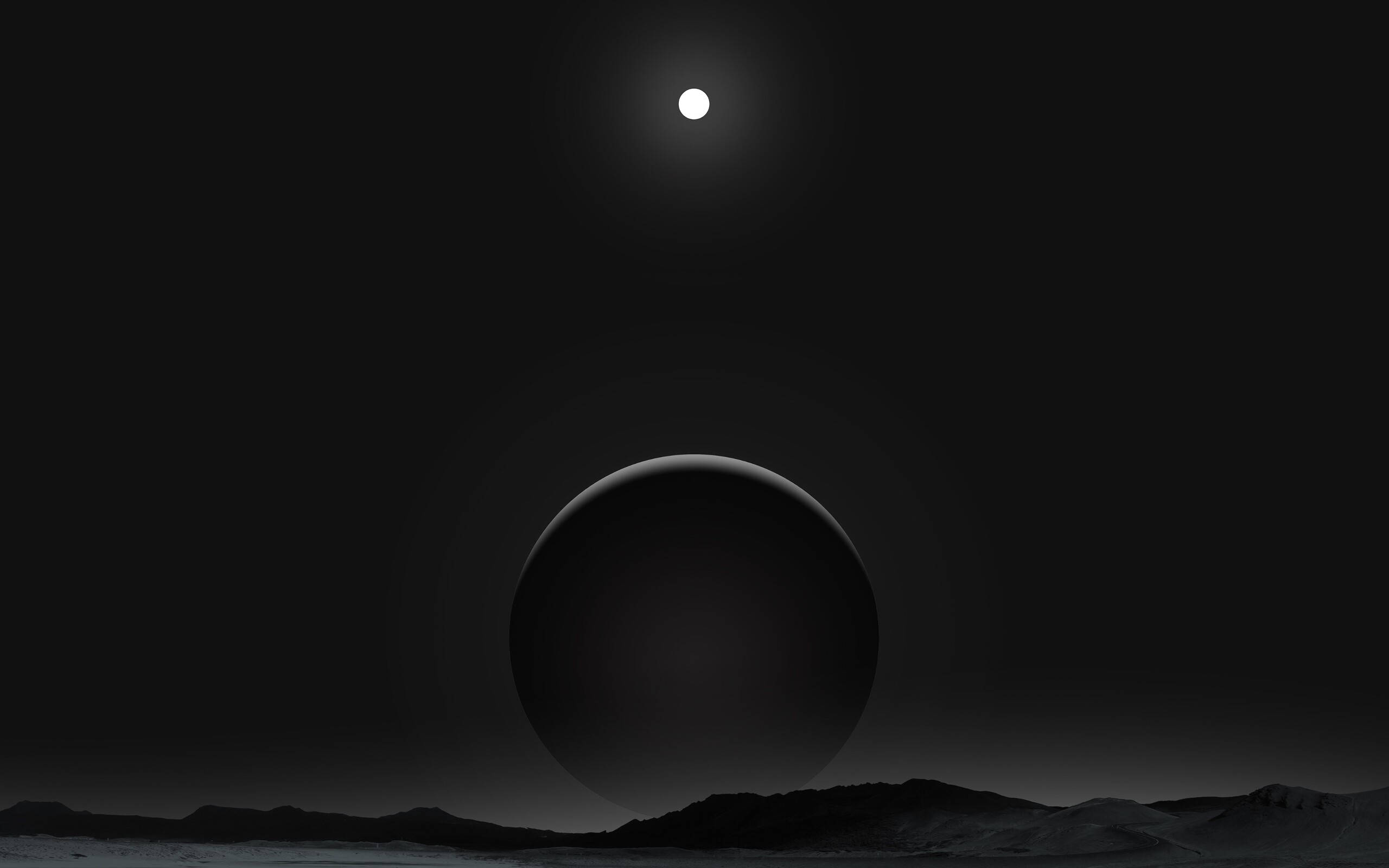 Black Planet 桌布 壁紙 — 一個銳利的黑色球體懸浮在荒蕪的景觀之上，下方是孤獨發光的月亮，構成極簡的宇宙場景。