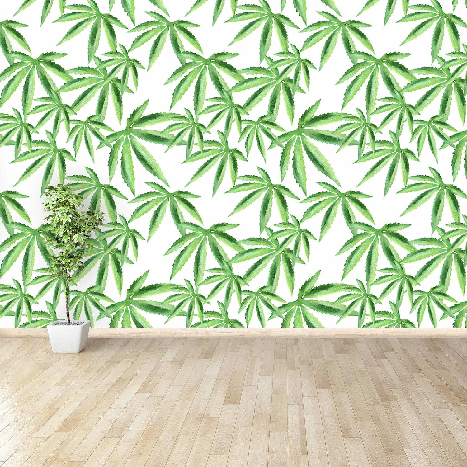 酷炫大麻 桌布 壁紙 — 一個鋪有淺色木地板、白色牆壁覆蓋著重複的鮮綠色大麻葉圖案的房間。