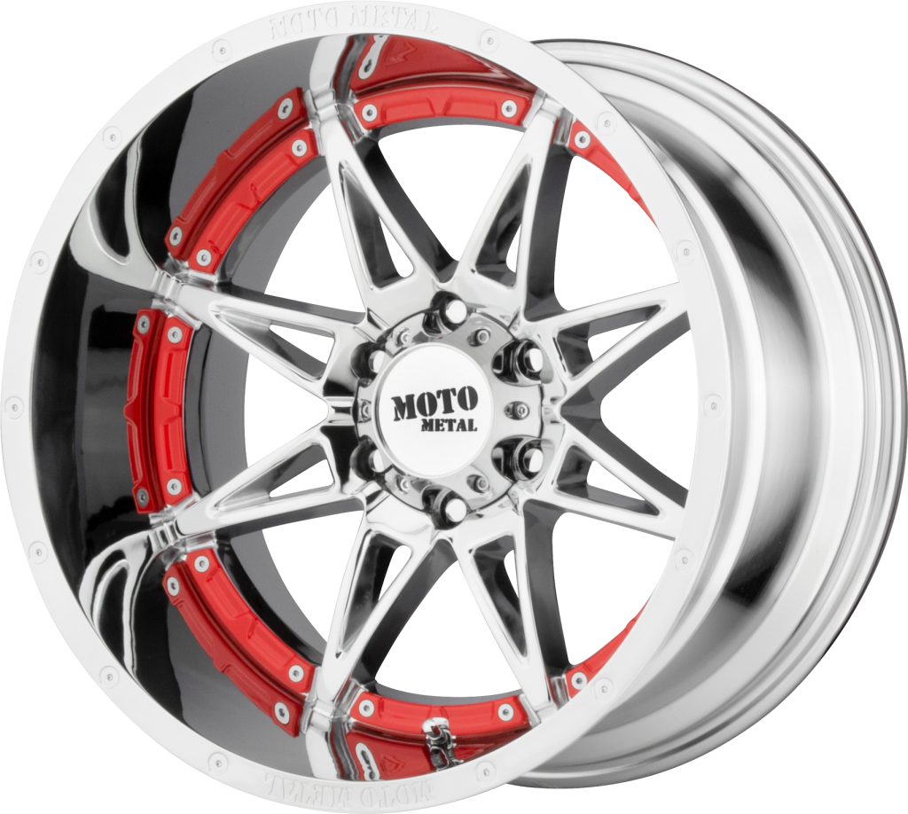 Metallic 桌布 壁紙 — 一個鍍鉻和紅色的Moto Metal輪圈，帶有複雜的輪輻和鮮明的色彩點綴，背景為黑色。