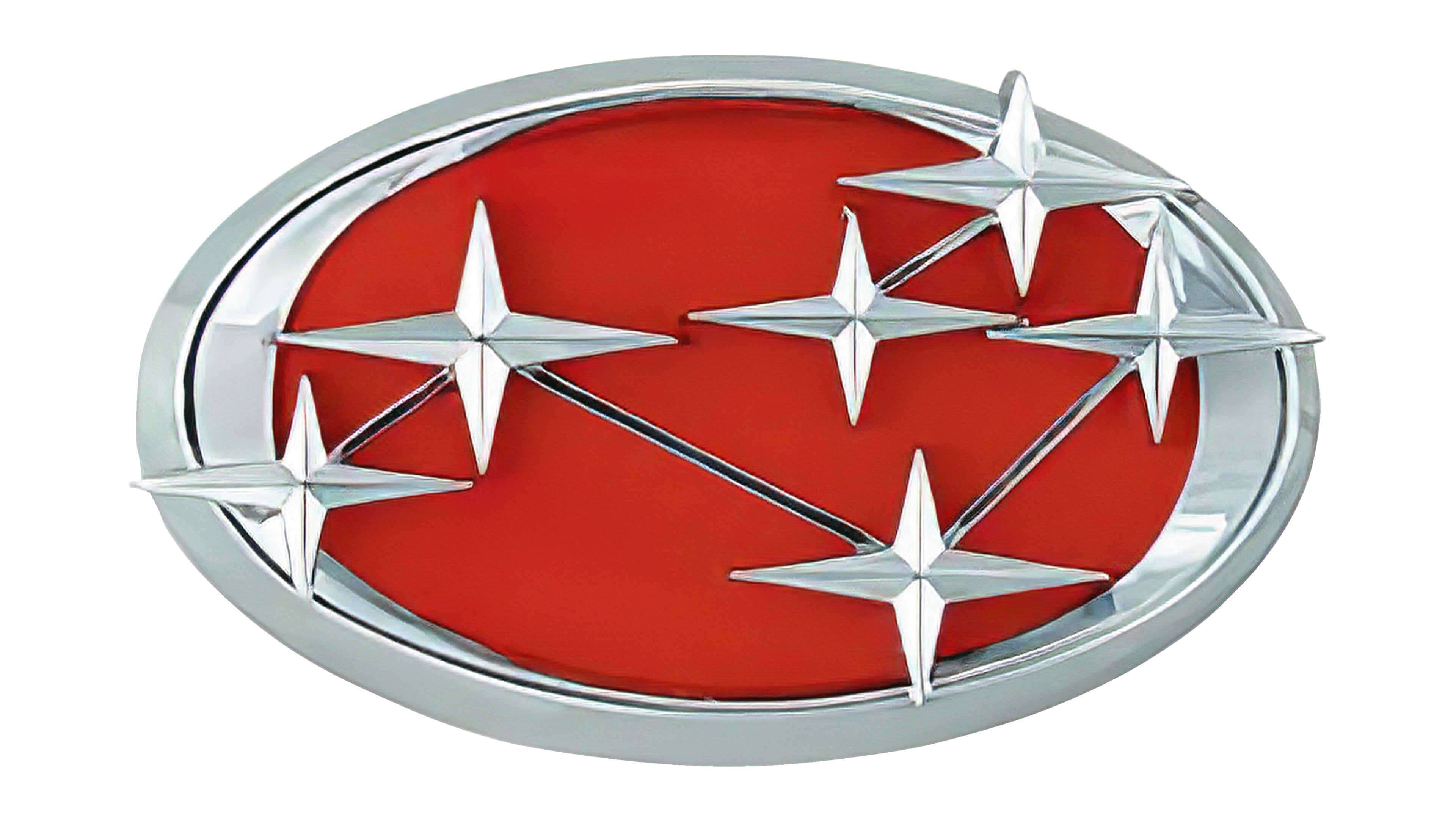 Subaru Logo 桌布 壁紙 — 一個鍍鉻橢圓形徽章，在鮮紅色背景上有五個銀色星爆。