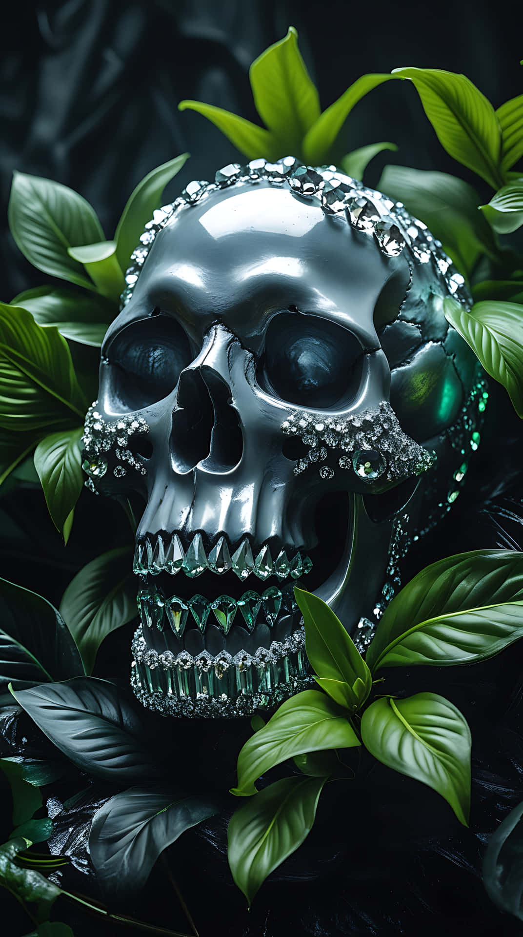 Ethereal Crystal Skull Amidst Green Foliage. smartphone wallpaper 壁紙 — 一個鍍鉻頭骨，飾有閃閃發光的水晶和綠色寶石， nestled 在茂密的深綠色葉子中，背景是黑色天鵝絨。
