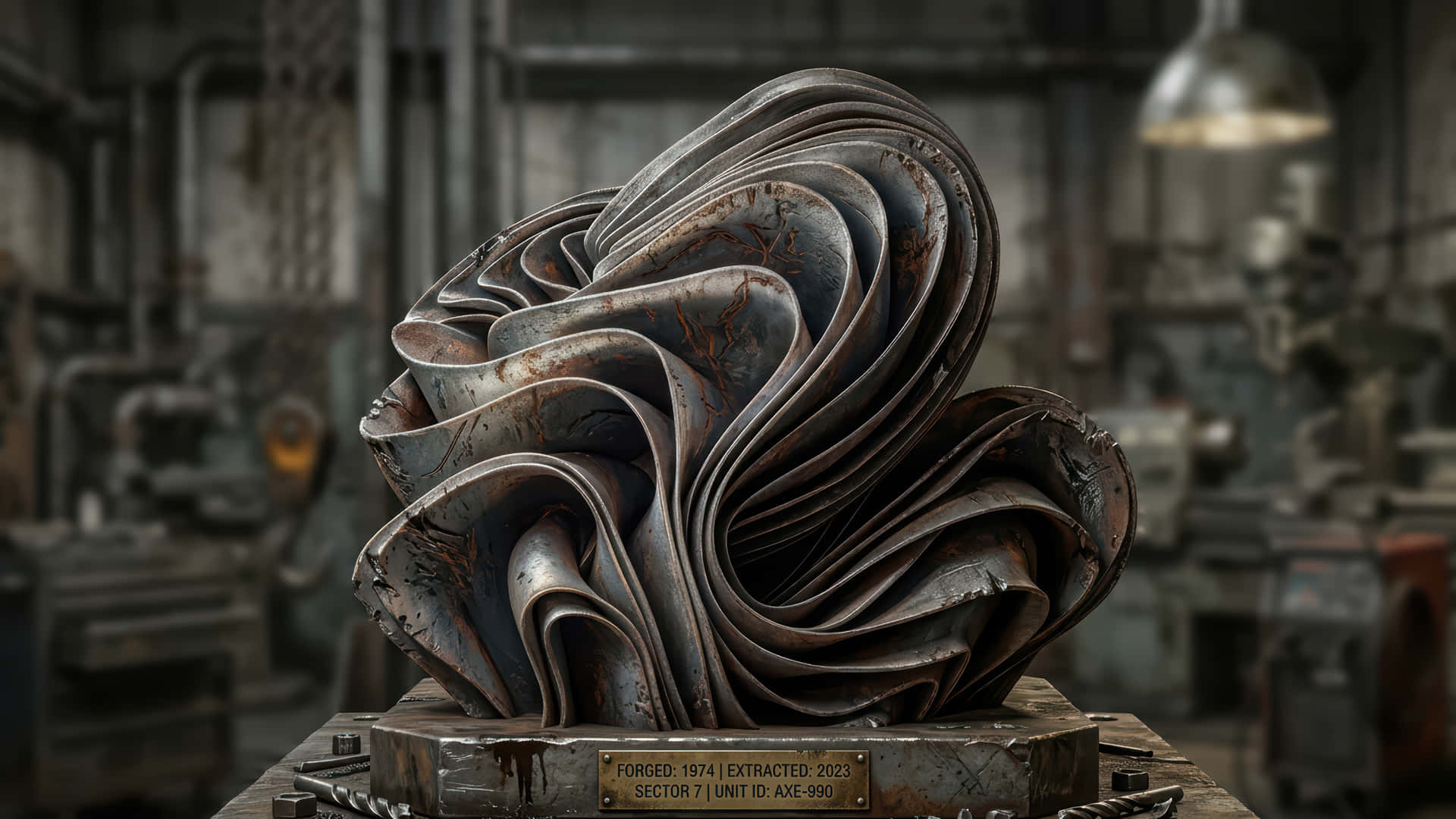Iron Bloom in the workshop modded wallpaper for desktop Enhancement, 壁紙 — 一個鏽蝕的金屬雕塑，帶有漩渦狀層疊形態，放置在昏暗工業車間的底座上。