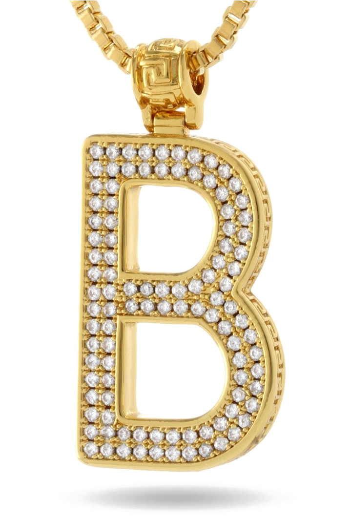 字母B 桌布 壁紙 — 一個鑲滿鑽石的金色字母B吊墜，掛在一條相配的鏈條上，背景為黑色。
