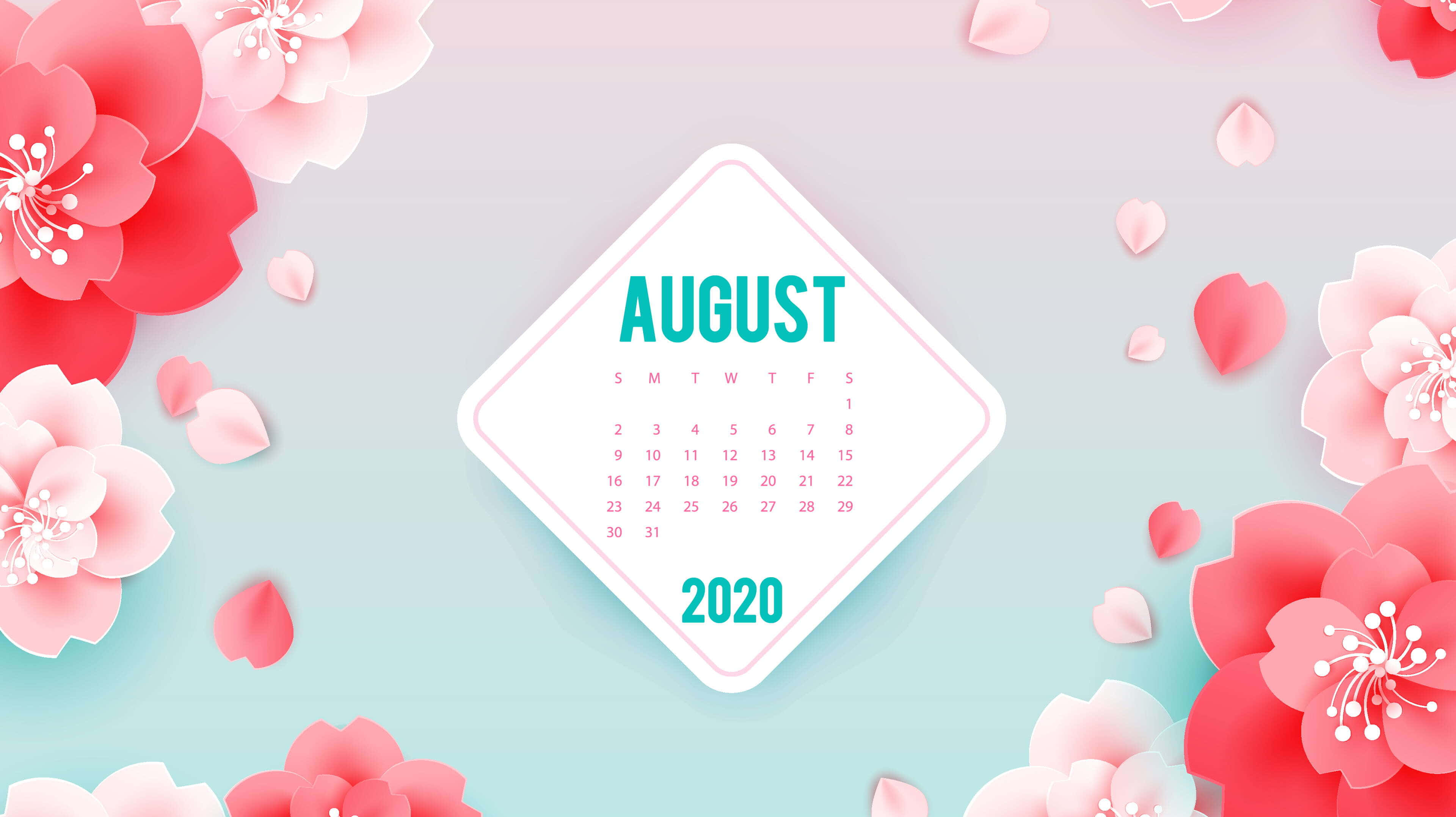 August 桌布 壁紙 — 一個鑽石形狀的2020年8月月曆，周圍環繞著鮮豔的剪紙櫻花，背景為柔和漸變色。