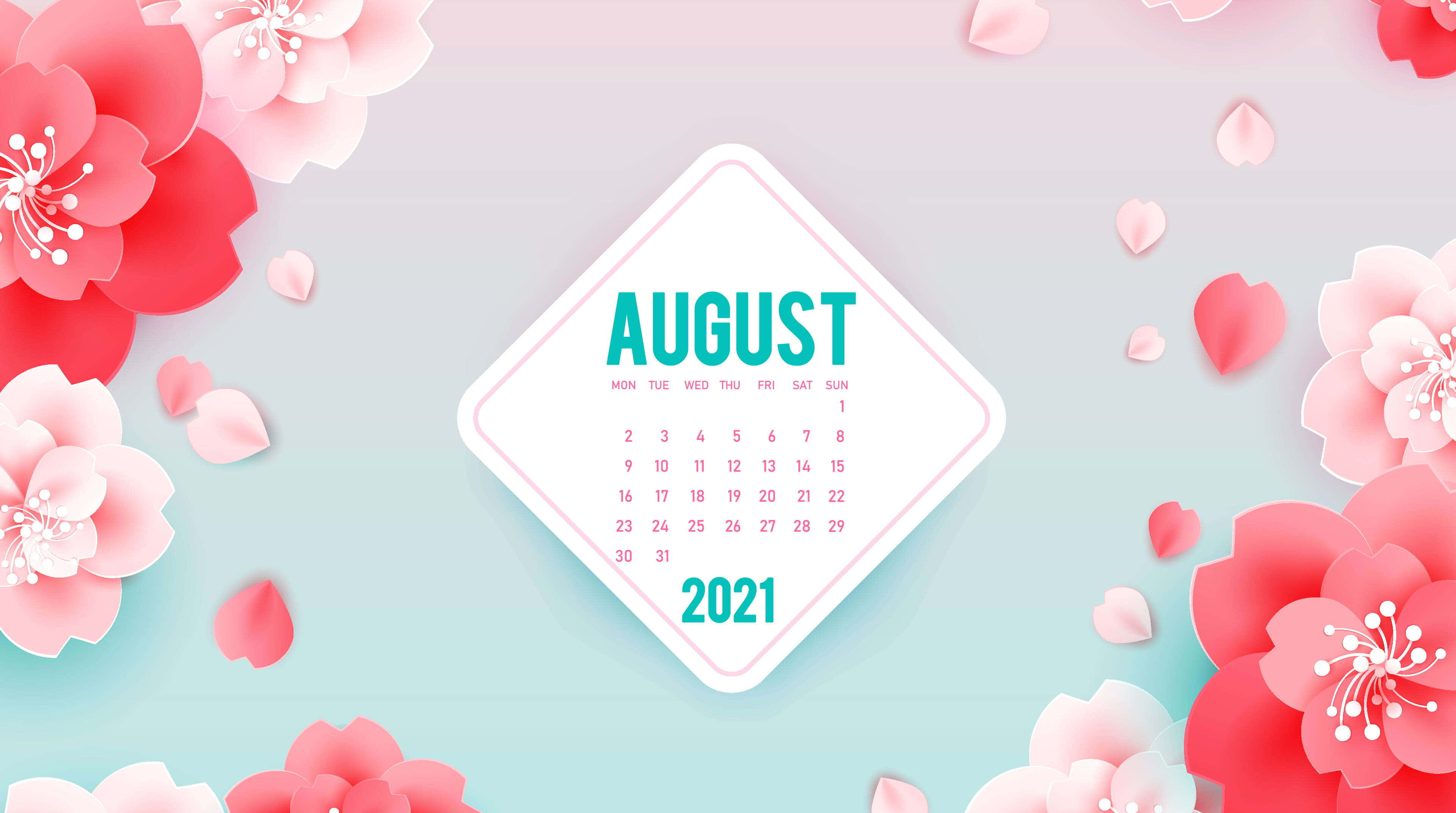 八月 桌布 壁紙 — 一個鑽石形狀的2021年8月月曆，周圍環繞著鮮豔的剪紙櫻花和花瓣，背景為柔和的漸層色。