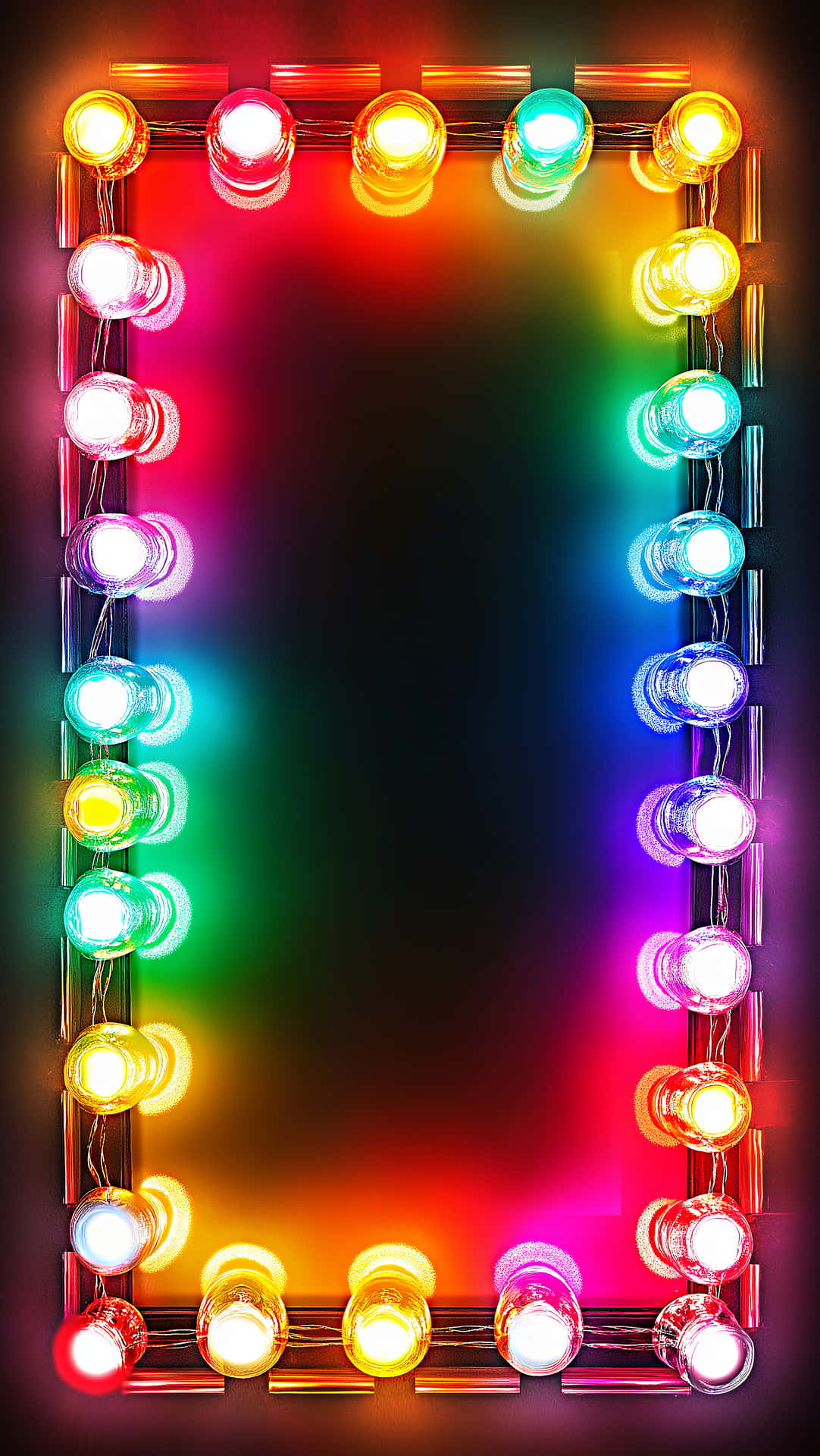 Christmas Wallpapers lights 壁紙 — 一個長方形鏡子，由發光的彩色燈泡框住，在黑暗背景下投射出鮮豔的彩虹色調。