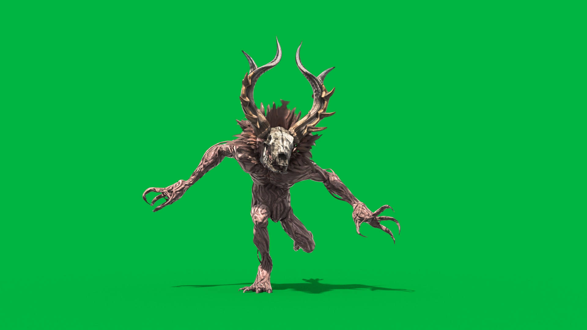 Wendigo 桌布 壁紙 — 一個長有角、爪和紋理皮膚的怪誕怪物，在純綠色螢幕前威嚇地站立。