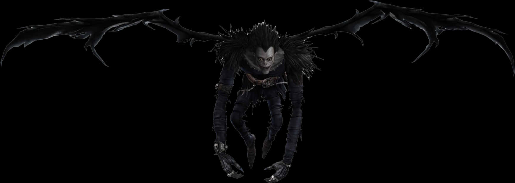 Death Note Ryuk 桌布 壁紙 — 一個長有黑色翅膀、頭髮尖刺、骷髏面孔的人形身影，漂浮在純黑背景上。