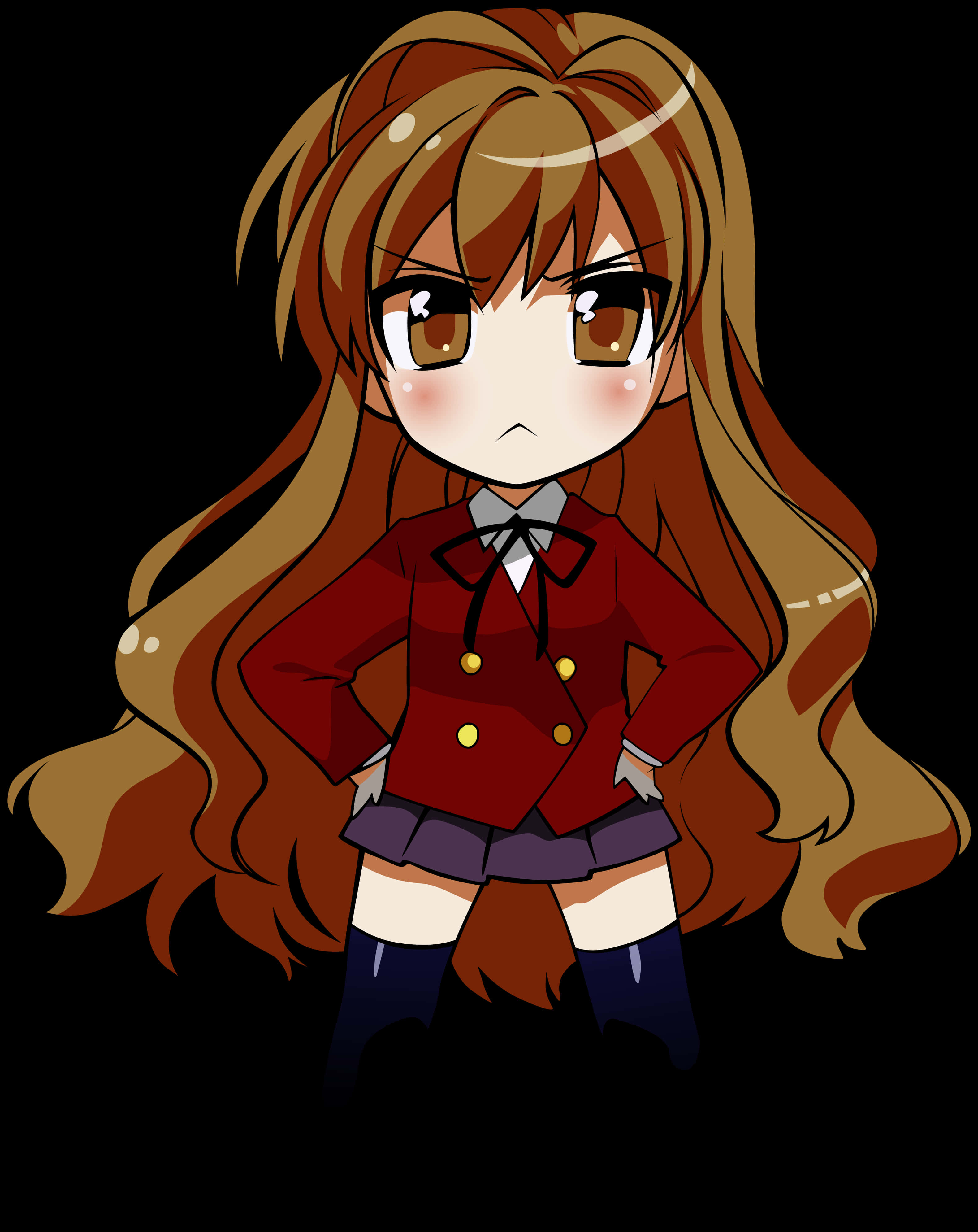 Anime Chibi 桌布 壁紙 — 一個長棕色頭髮、穿著紅色校服的Q版動漫女孩自信地站在黑色背景前。