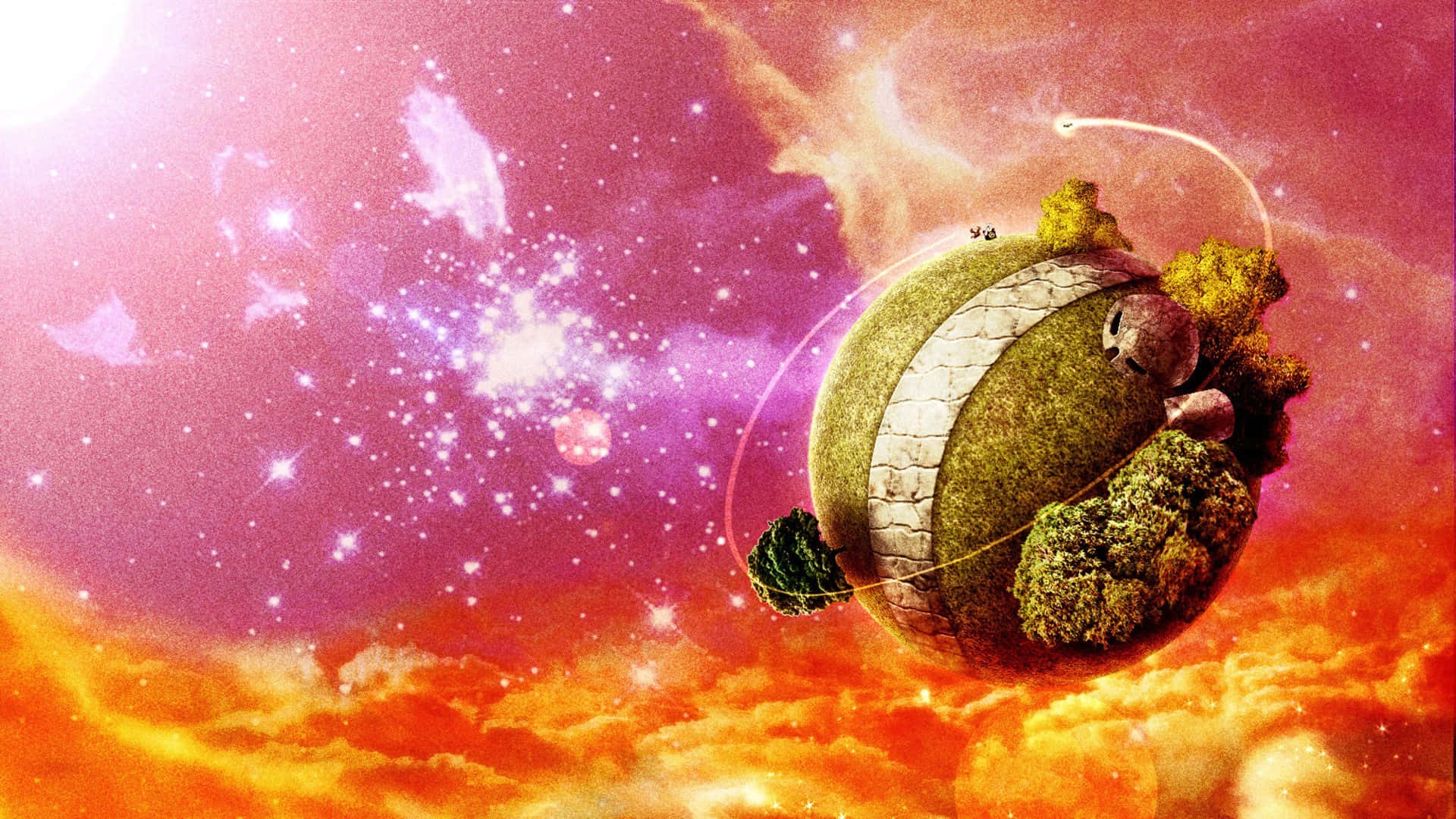 Dbz 桌布 壁紙 — 一個長滿苔蘚的行星帶著一條石帶，漂浮在充滿恆星和彩色星雲的充滿活力的宇宙天空中。