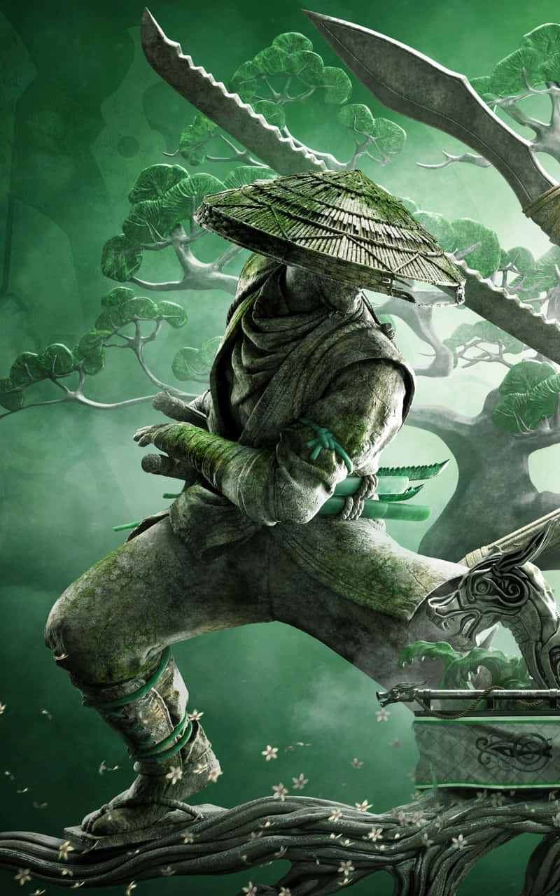 電玩遊戲 桌布 壁紙 — 一個長滿青苔、戴著草帽的忍者蹲在彎曲的樹枝上，在迷霧籠罩的綠色森林中揮舞著雙刀。
